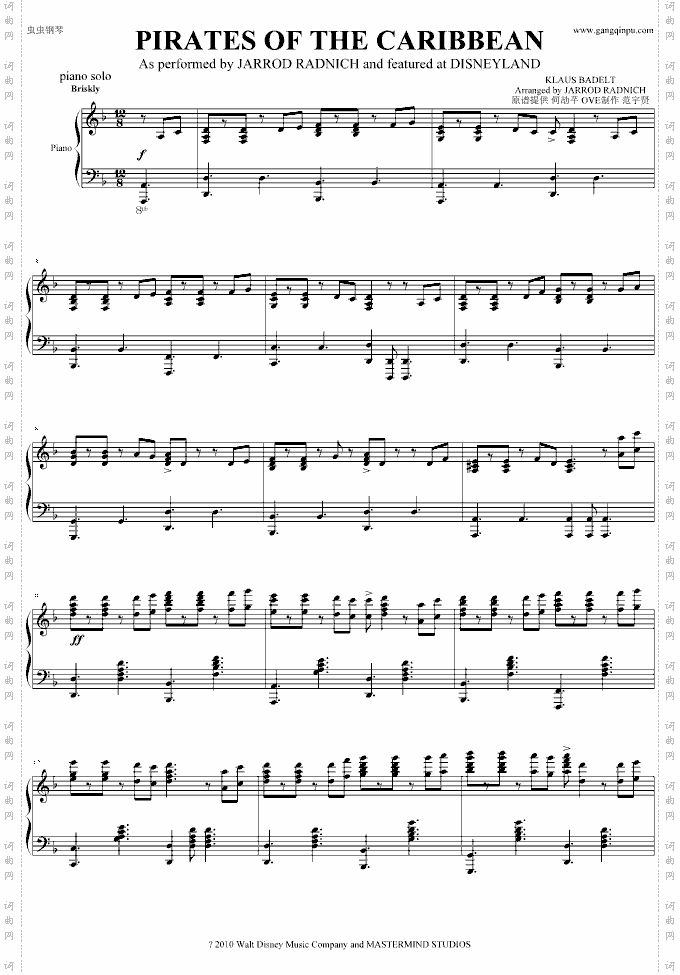 JarrodRadnich原版《加勒比海盗》主题曲钢琴谱震撼发布