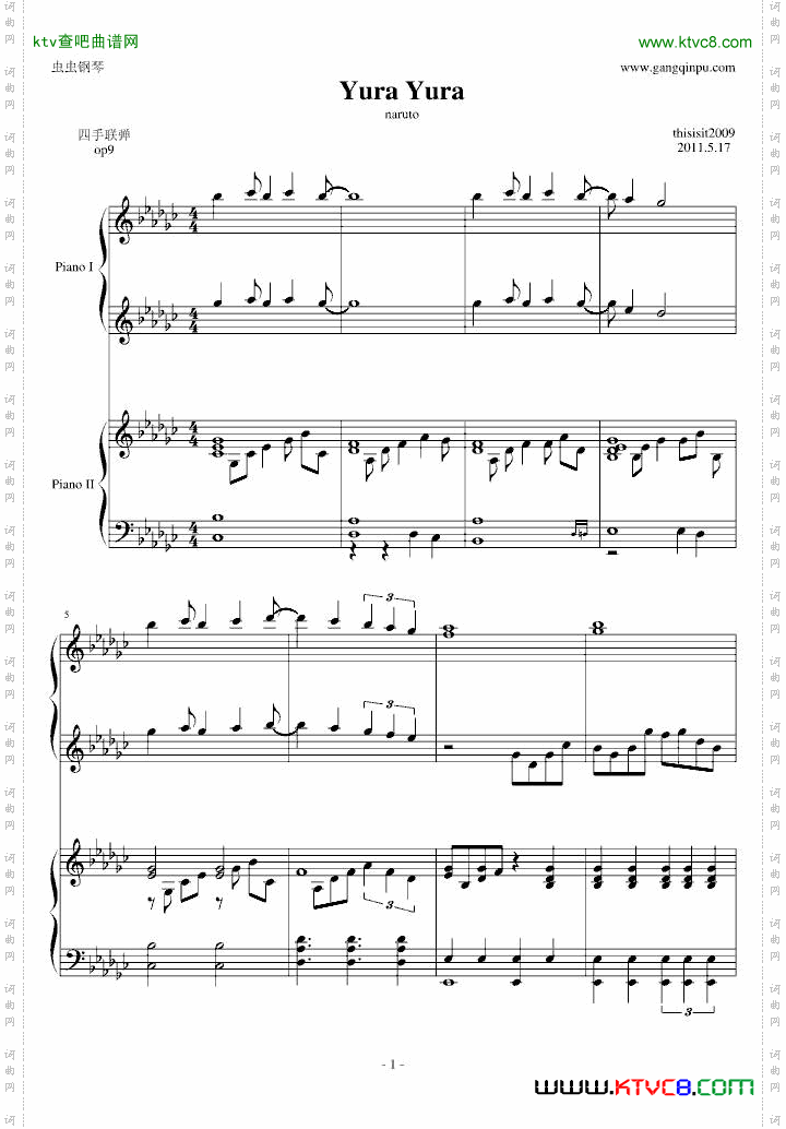 火影忍者主题曲yurayura，钢琴四手