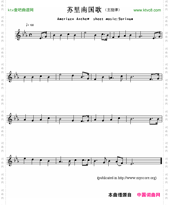 苏里南国歌AmeriacnAnthemsheetmusic:Surinam