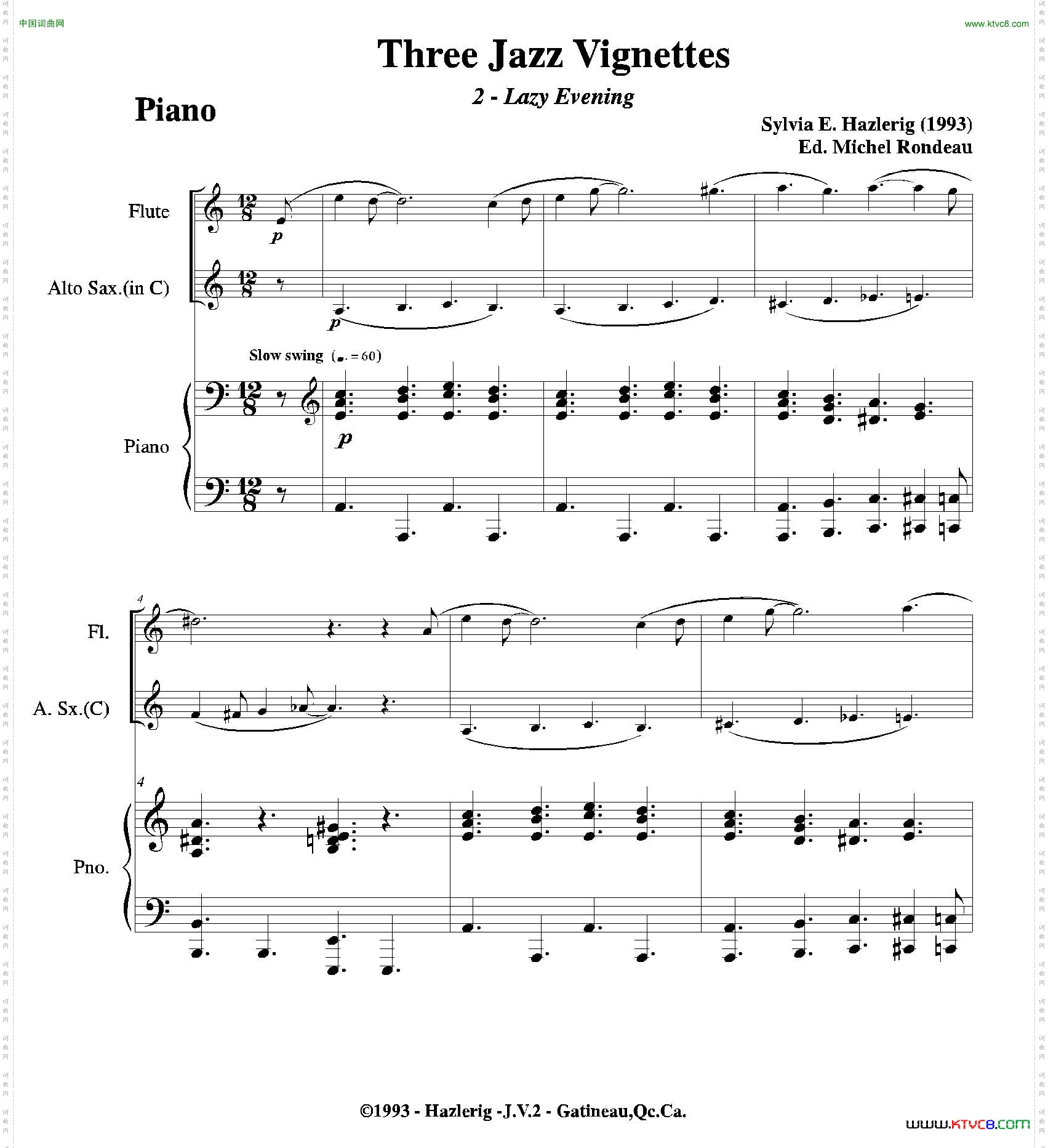 Threejazzvignettes第二乐章三重奏钢琴分谱_Three jazz vignettes第二乐章三重奏钢琴分谱