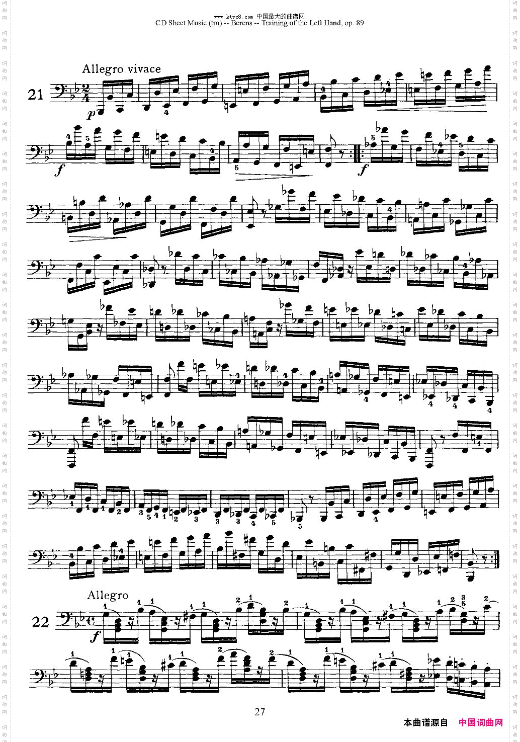 贝伦斯钢琴左手训练练习曲下册25首