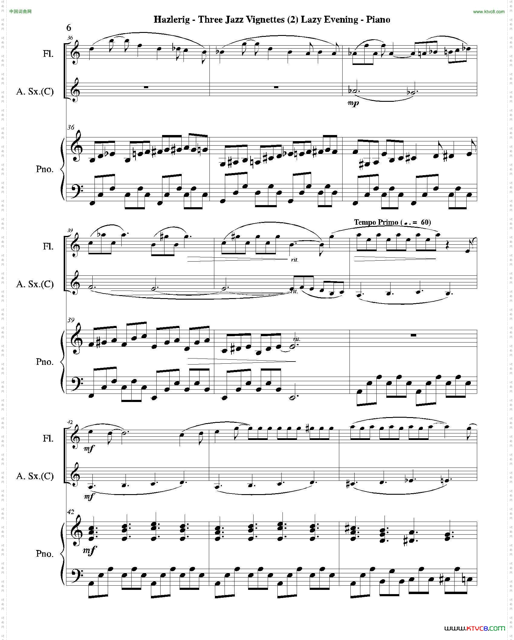 Threejazzvignettes第二乐章三重奏钢琴分谱_Three jazz vignettes第二乐章三重奏钢琴分谱