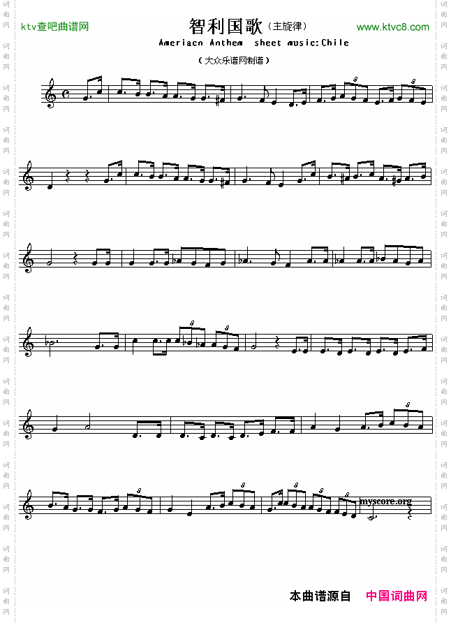 智利国歌AmeriacnAnthemsheetmusic:Chile