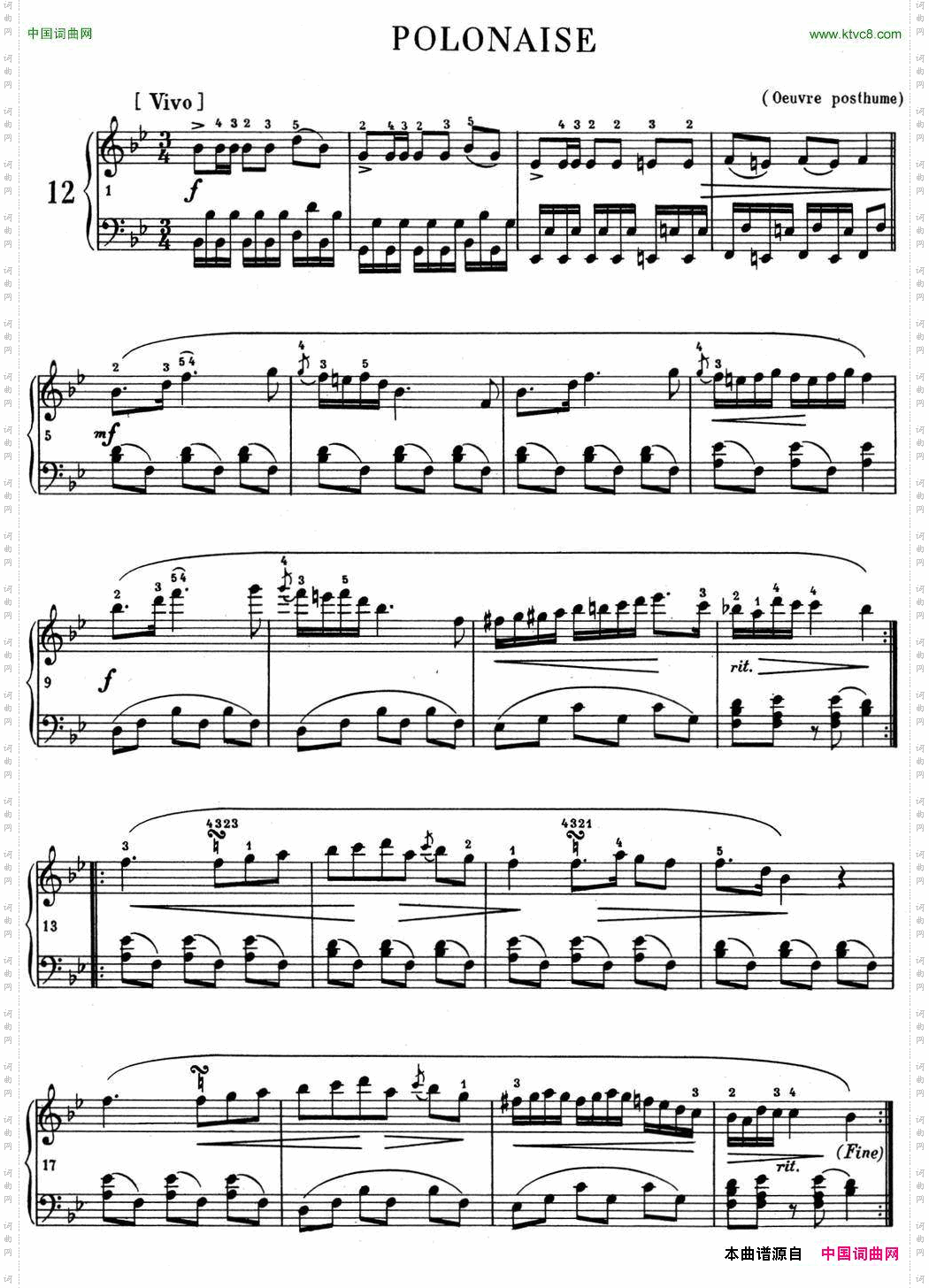 肖邦波兰舞曲Op.posth.P.1No.1降B大调