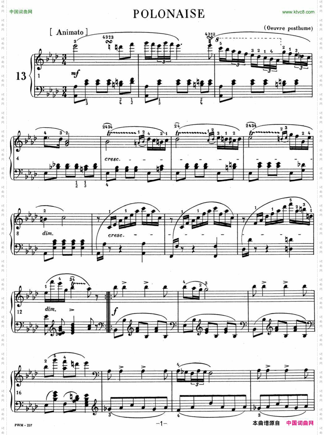 肖邦波兰舞曲Op.posth.P.1No.2降A大调