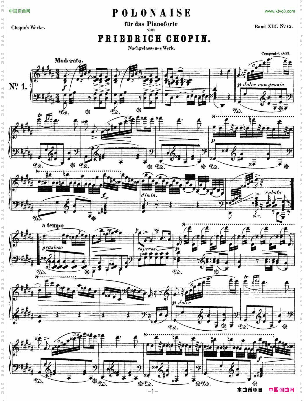 肖邦波兰舞曲Op.posth.P.1No.3升g小调