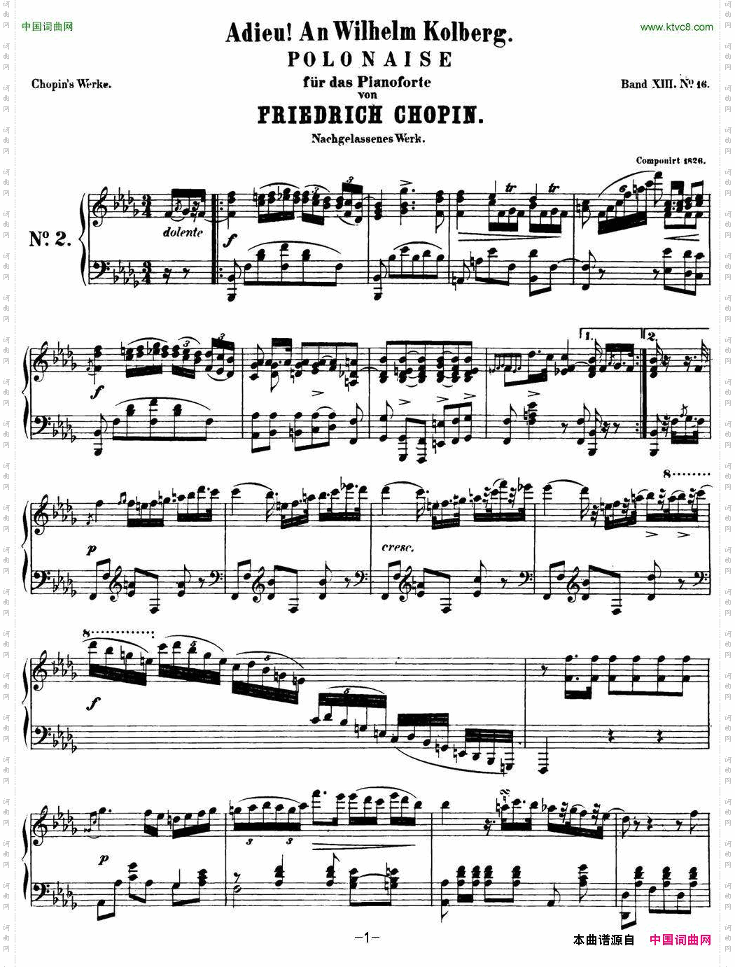 肖邦波兰舞曲Op.posth.P.1No.5降B大调