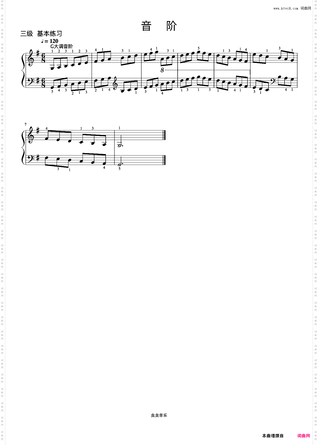 3级 G大调音阶《中央院钢琴考级曲目 1-6级》