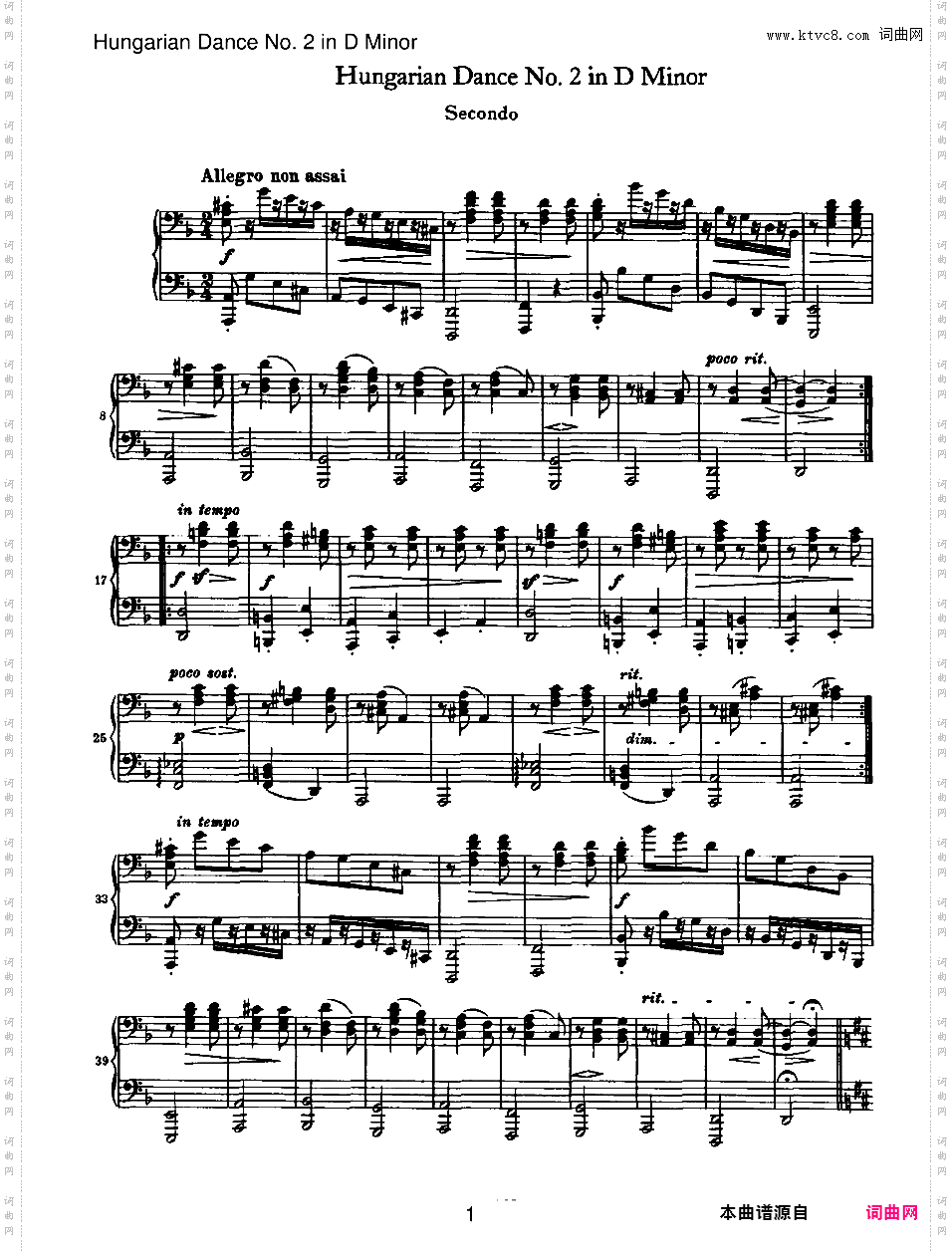 21首匈牙利舞曲 21 Hungarian Dances四手联弹Brahms Hungarian Dance 02 in d duet