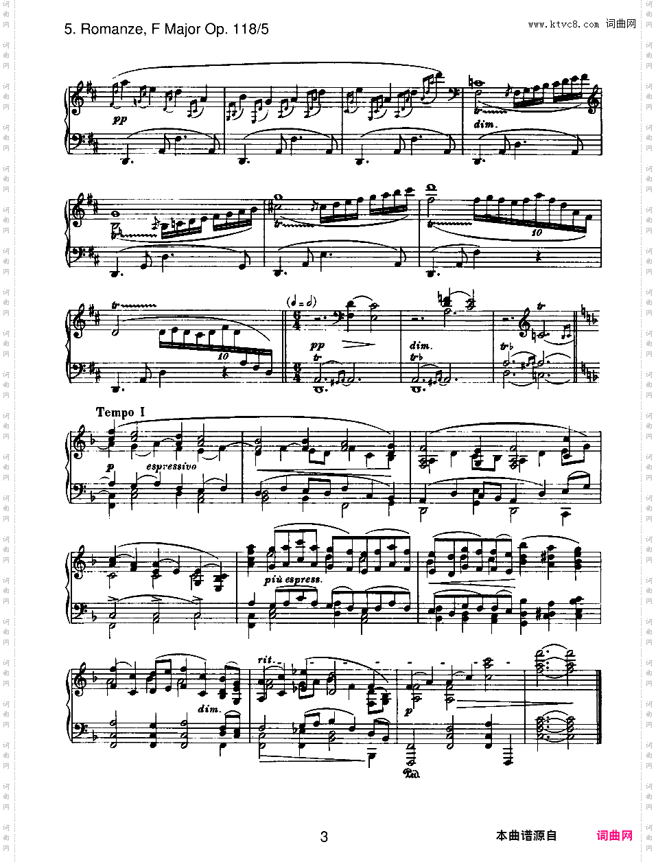 6首钢琴曲 6 Piano Pieces Op·118Brahms op118n5 Romanze in F