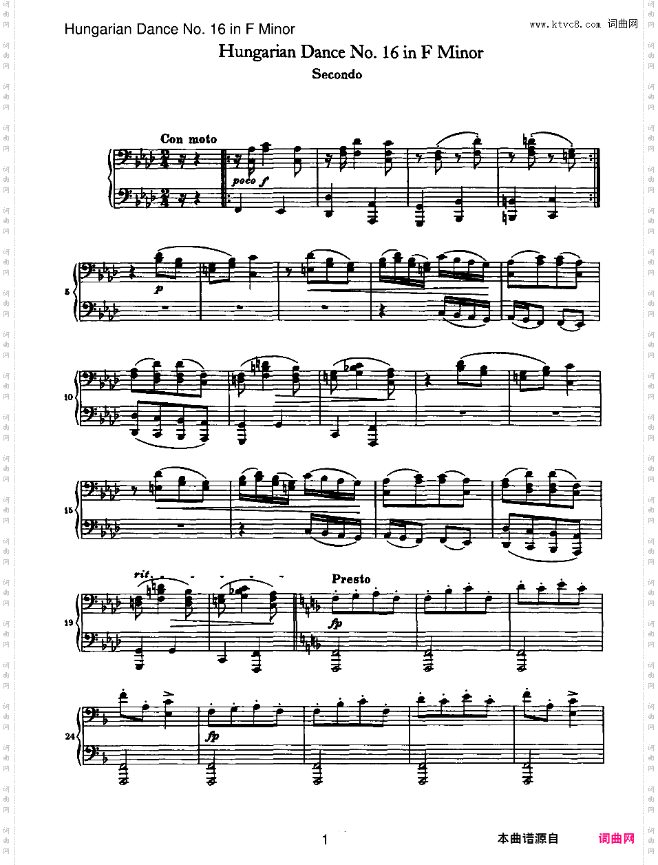 21首匈牙利舞曲 21 Hungarian Dances四手联弹Brahms Hungarian Dance 16 in f duet