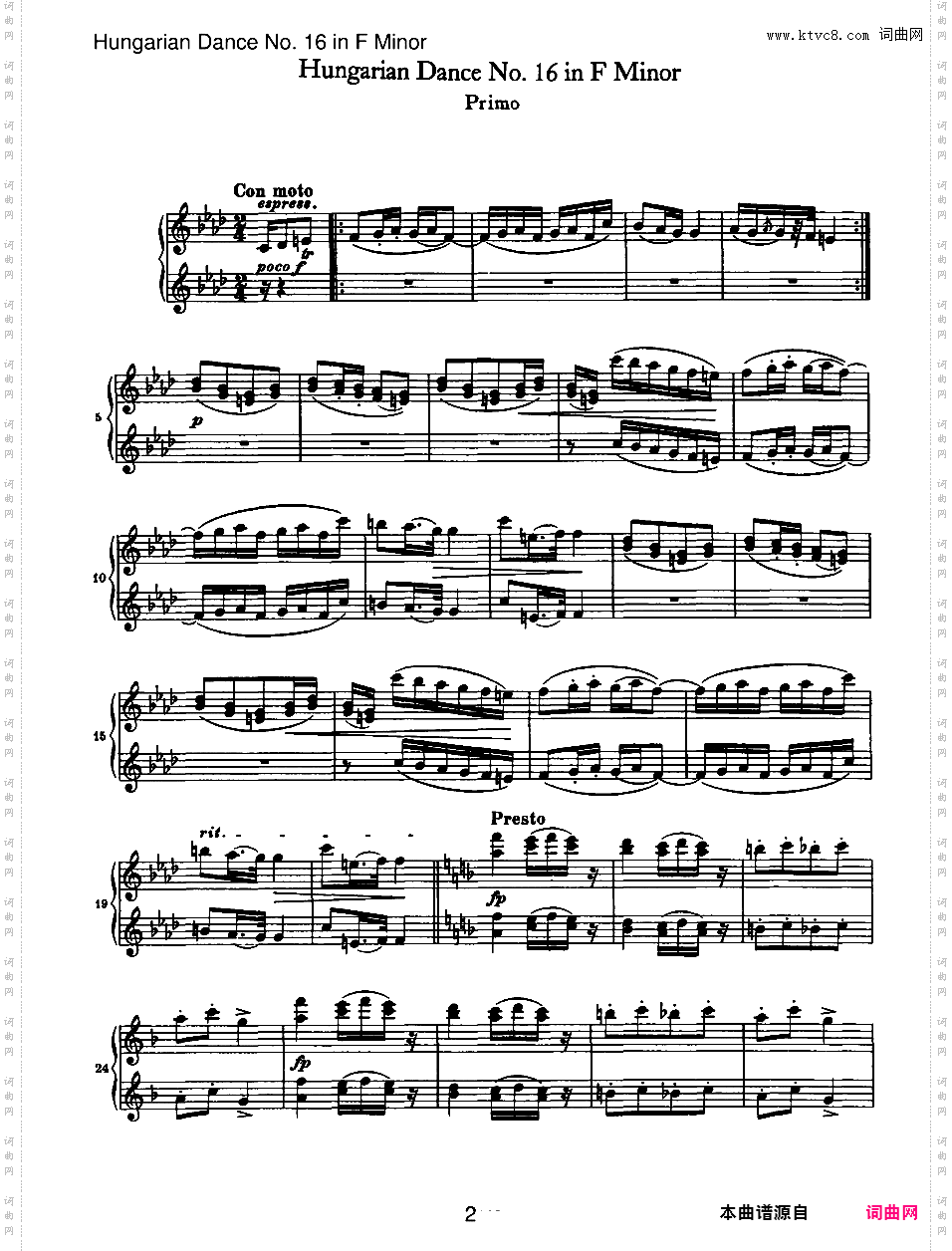 21首匈牙利舞曲 21 Hungarian Dances四手联弹Brahms Hungarian Dance 16 in f duet