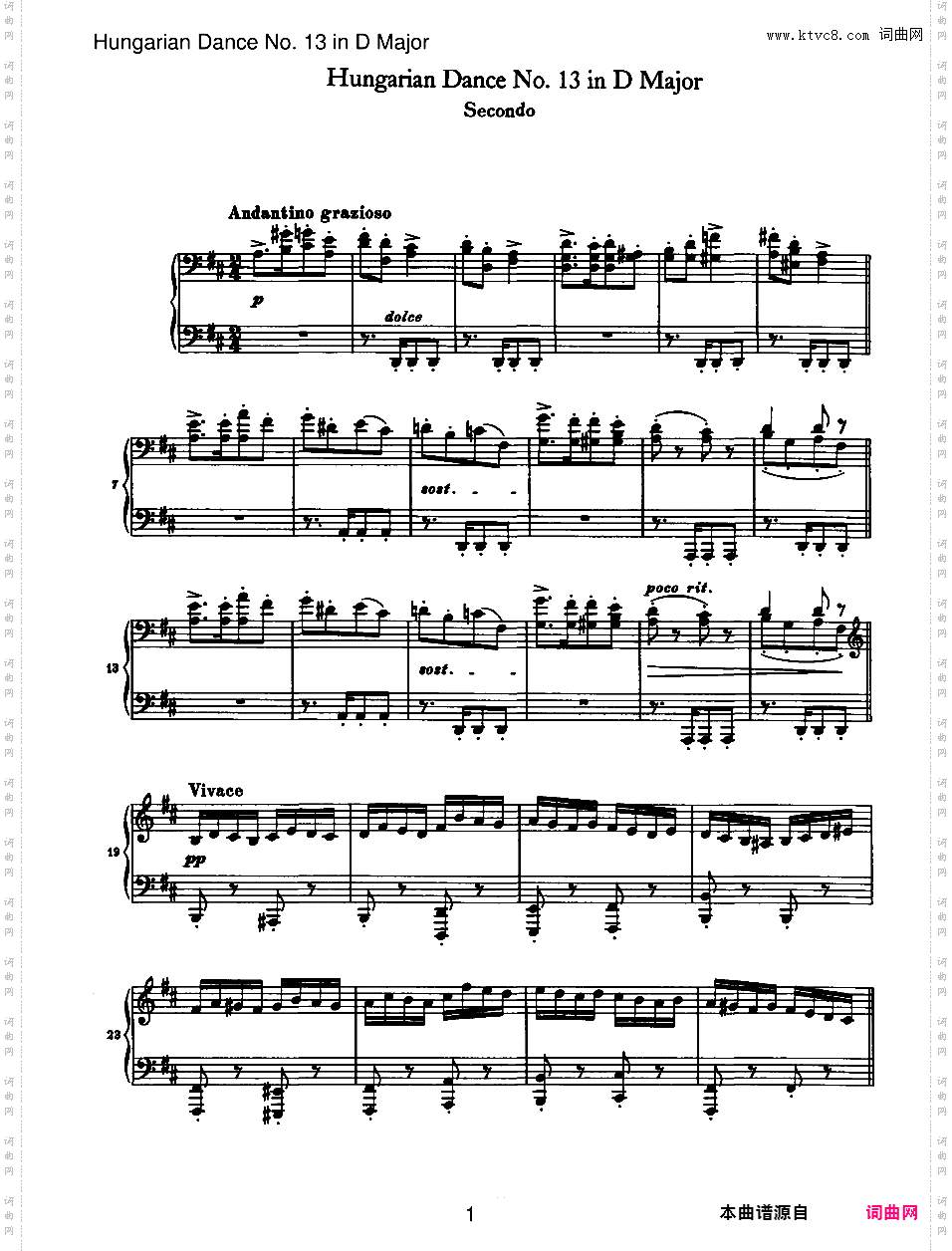 21首匈牙利舞曲 21 Hungarian Dances四手联弹Brahms Hungarian Dance 13 in D duet