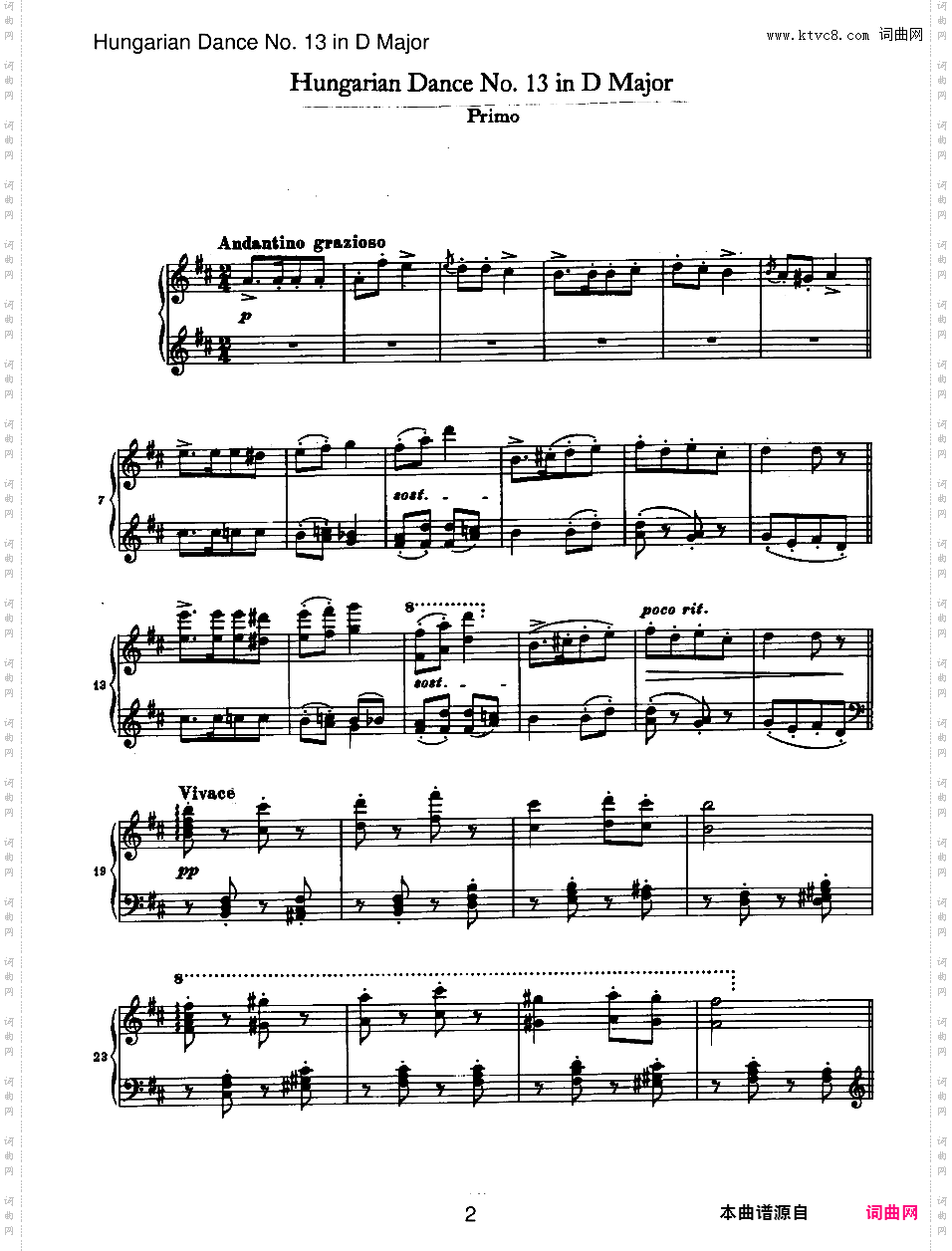 21首匈牙利舞曲 21 Hungarian Dances四手联弹Brahms Hungarian Dance 13 in D duet