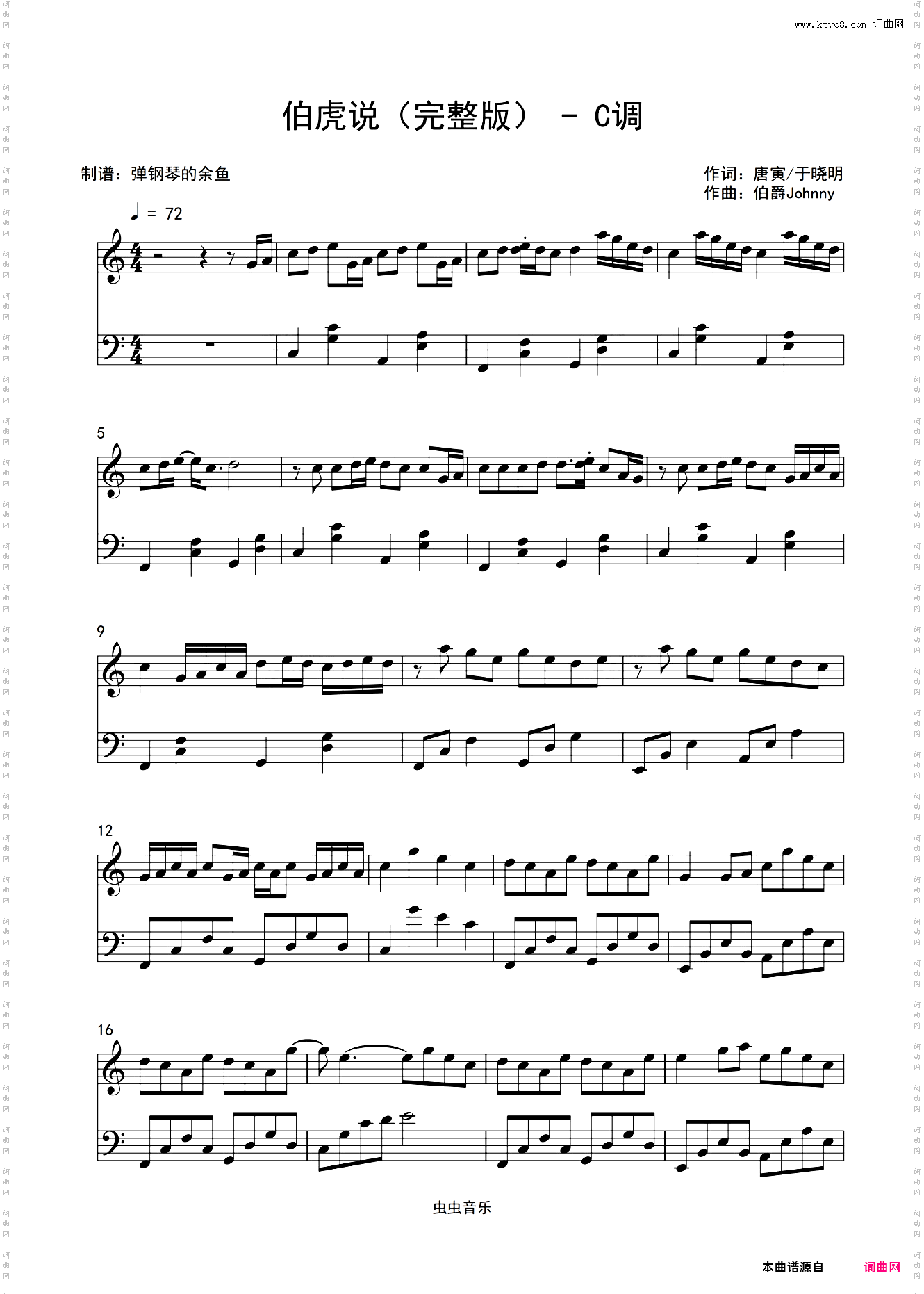 伯虎说-C调完整版-新手好听易学-弹钢琴的余鱼编配-网红热歌-抖音古风bgm