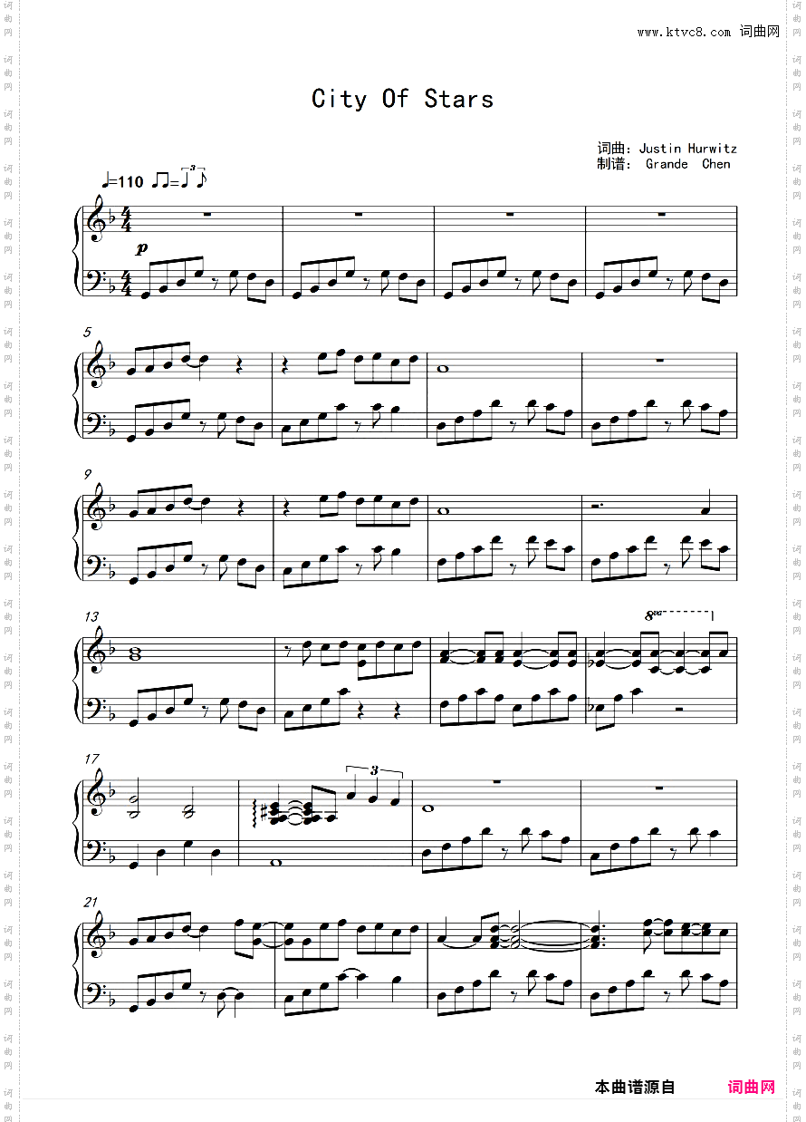 City Of Stars 完美独奏版 五线谱