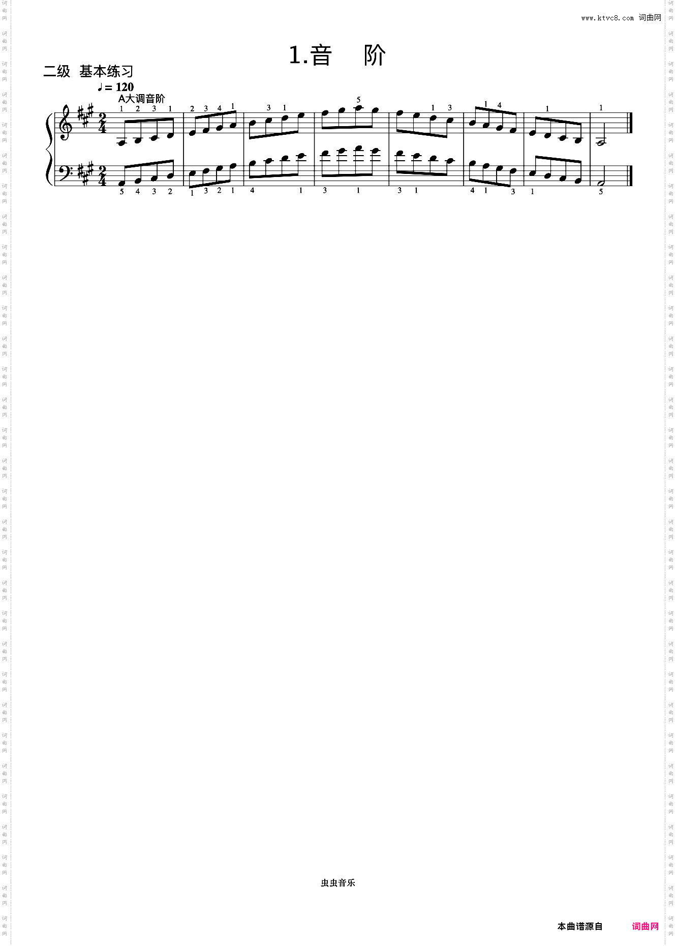 2级 A大调音阶《中央院钢琴考级曲目 1-6级》