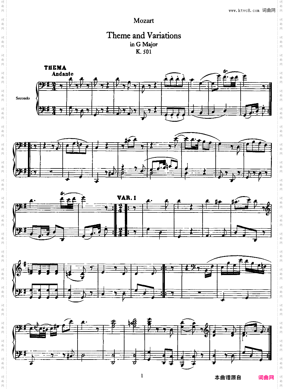 G大调行板与变奏 Theme and Variations in G Major K·501 - 四手联弹