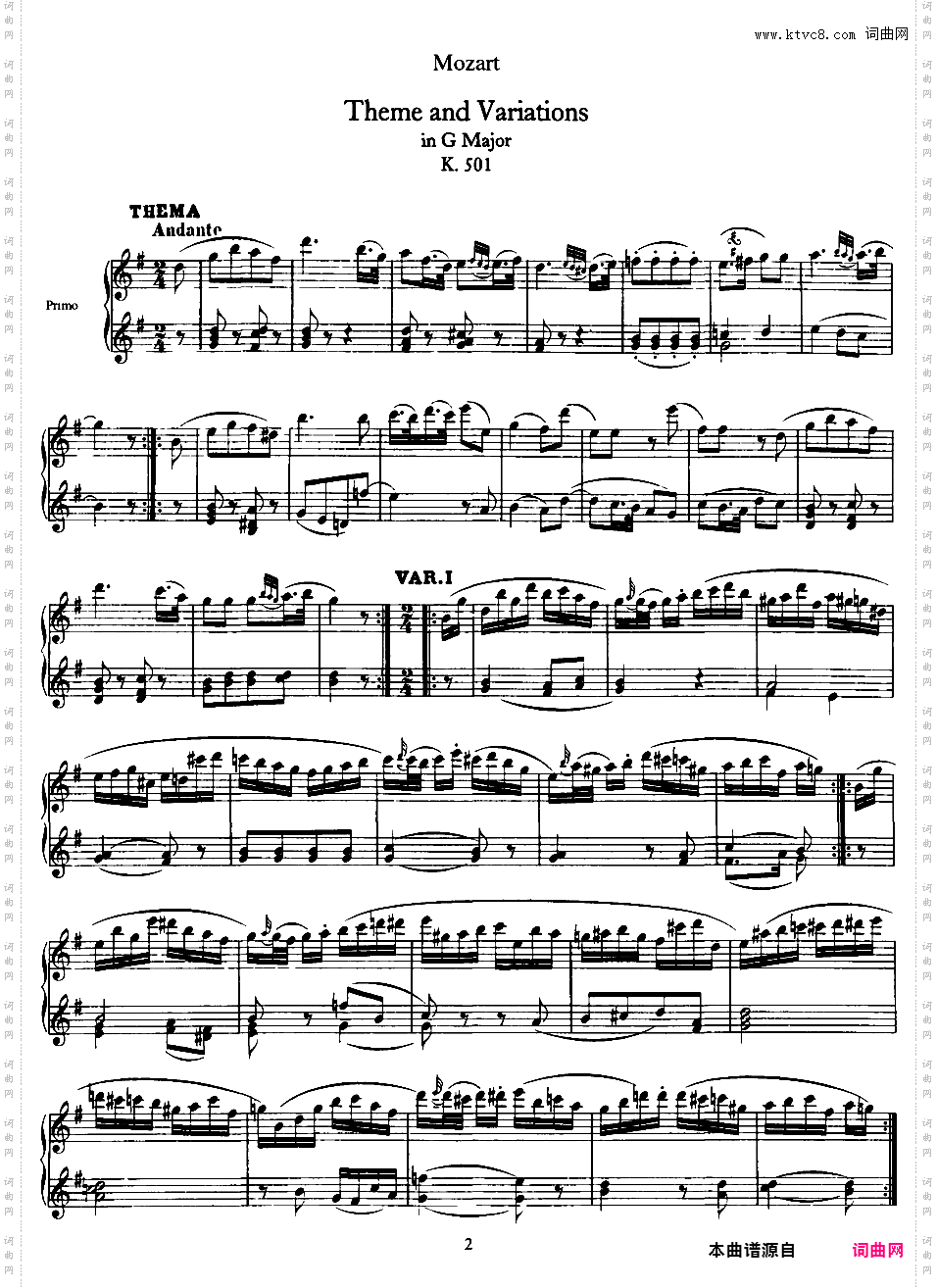 G大调行板与变奏 Theme and Variations in G Major K·501 - 四手联弹