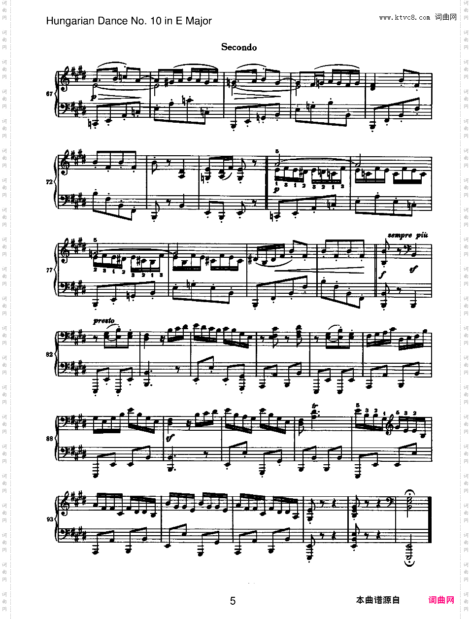 21首匈牙利舞曲 21 Hungarian Dances四手联弹Brahms Hungarian Dance 10 in E duet