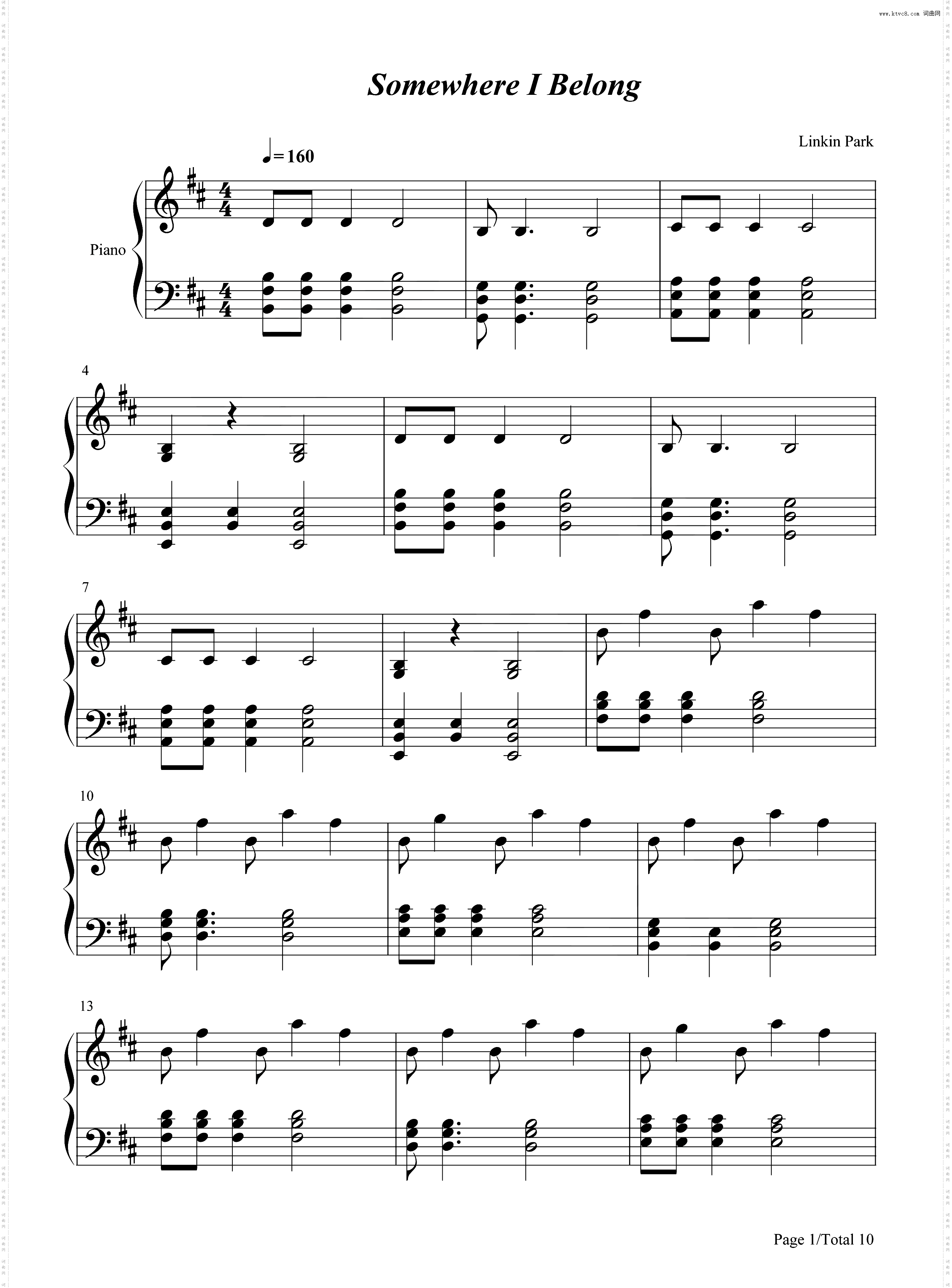 Somewhere I Belong_钢琴简谱线谱
