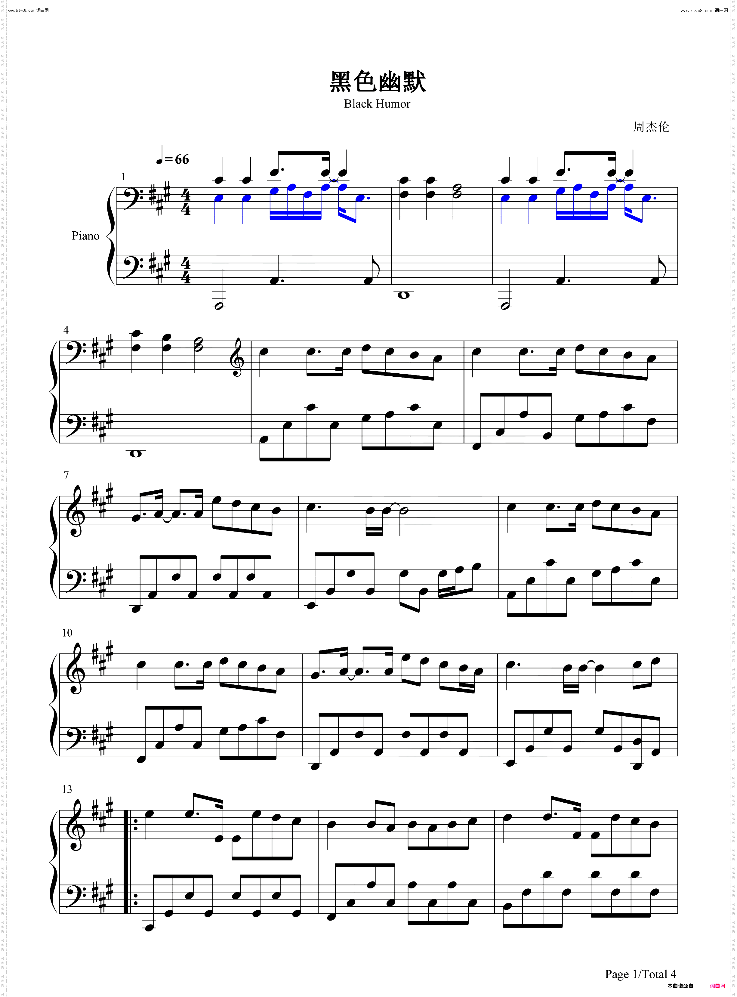 黑色幽默_好听版钢琴简谱线谱