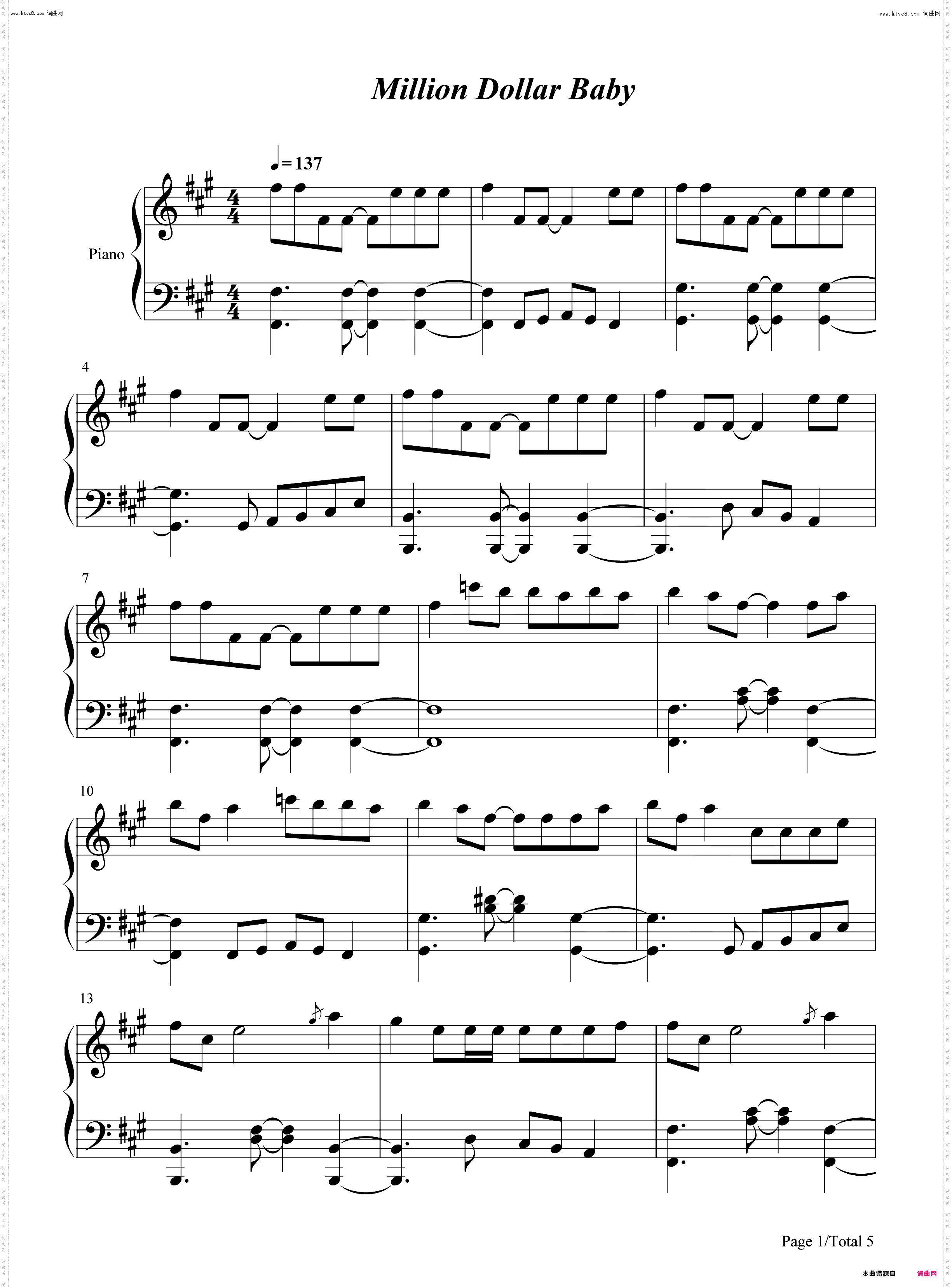 Million Dollar Baby_钢琴简谱线谱