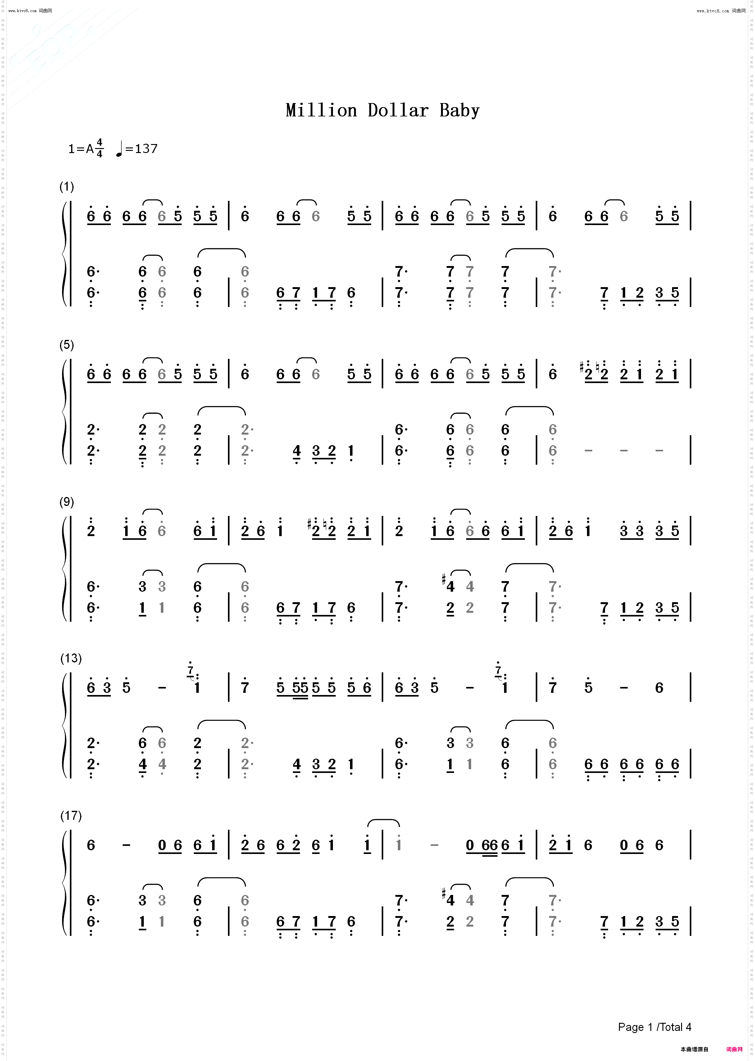 Million Dollar Baby_钢琴简谱线谱