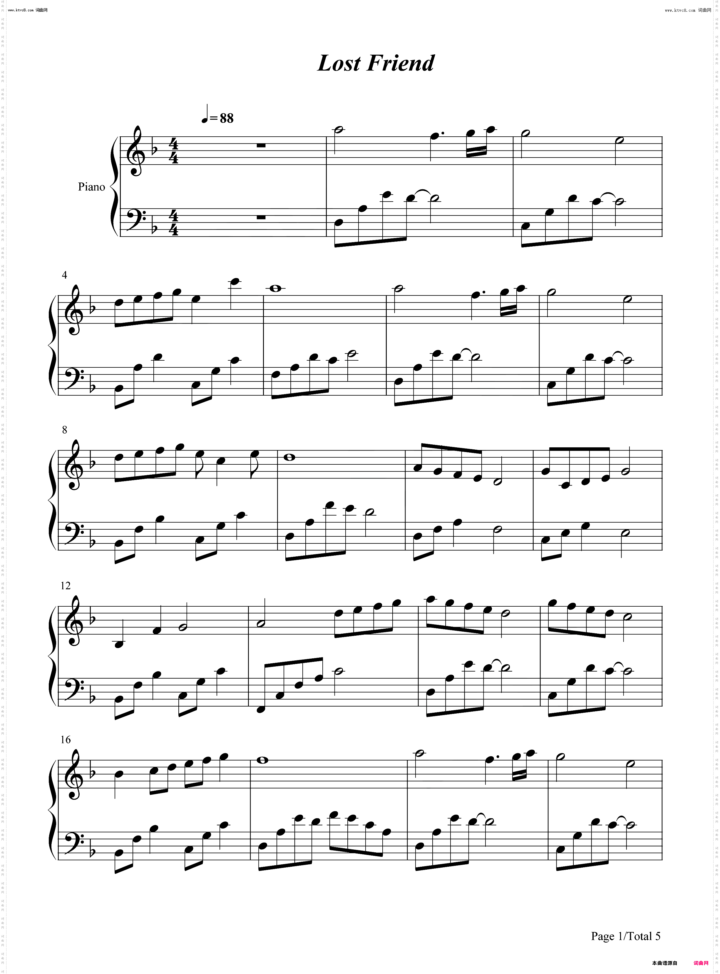 Lost Friend-最后流亡‐银翼少女法姆_钢琴五线谱及简谱