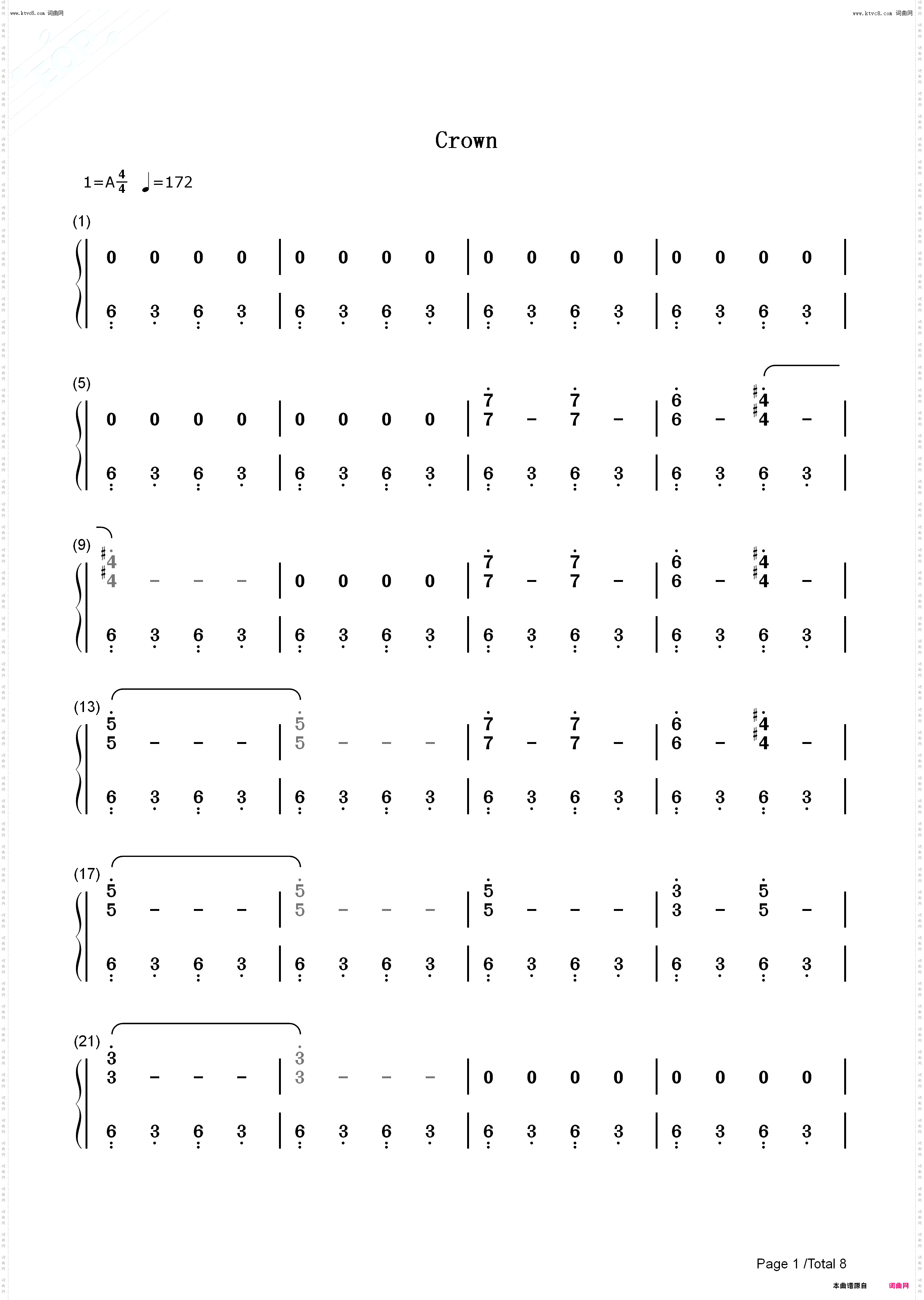 Crown_钢琴五线谱及简谱