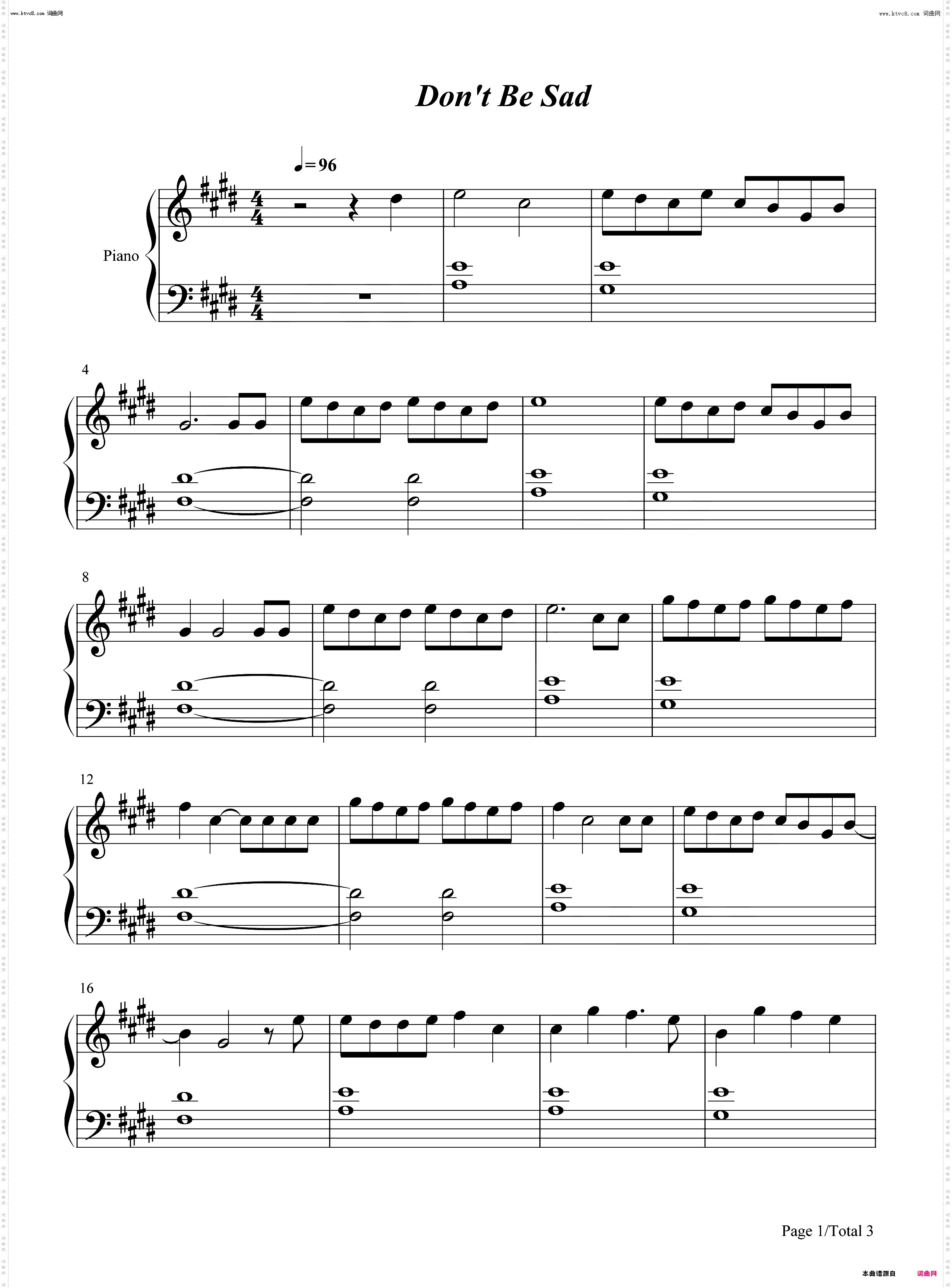 Don't Be Sad_钢琴五线谱及简谱