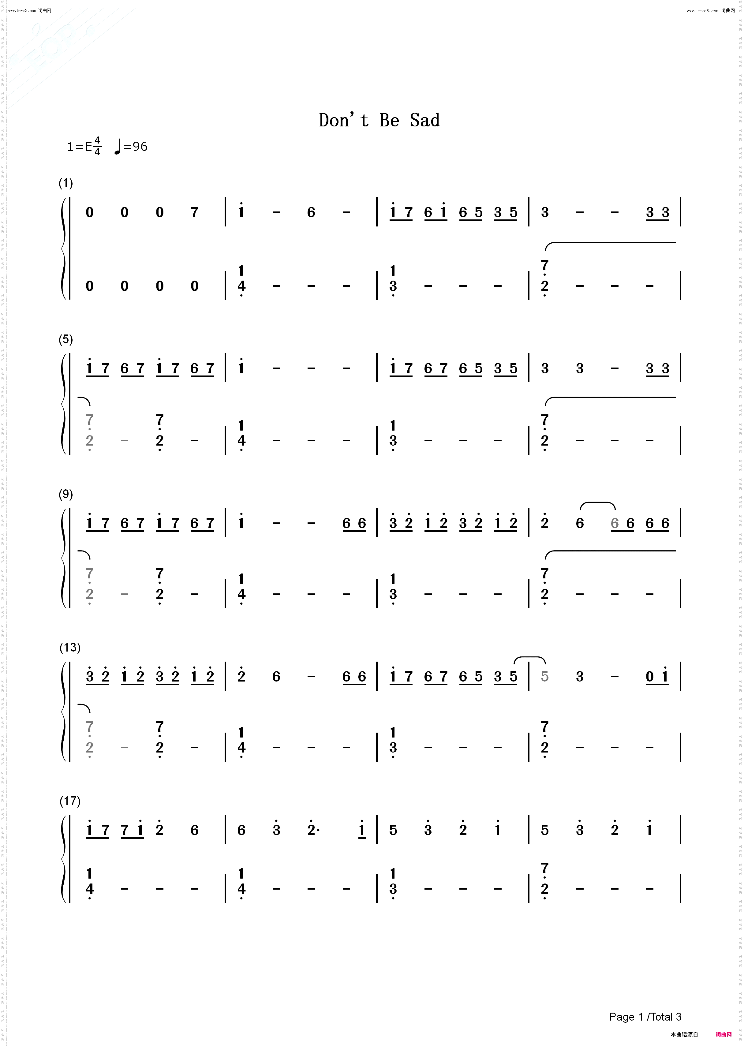 Don't Be Sad_钢琴五线谱及简谱