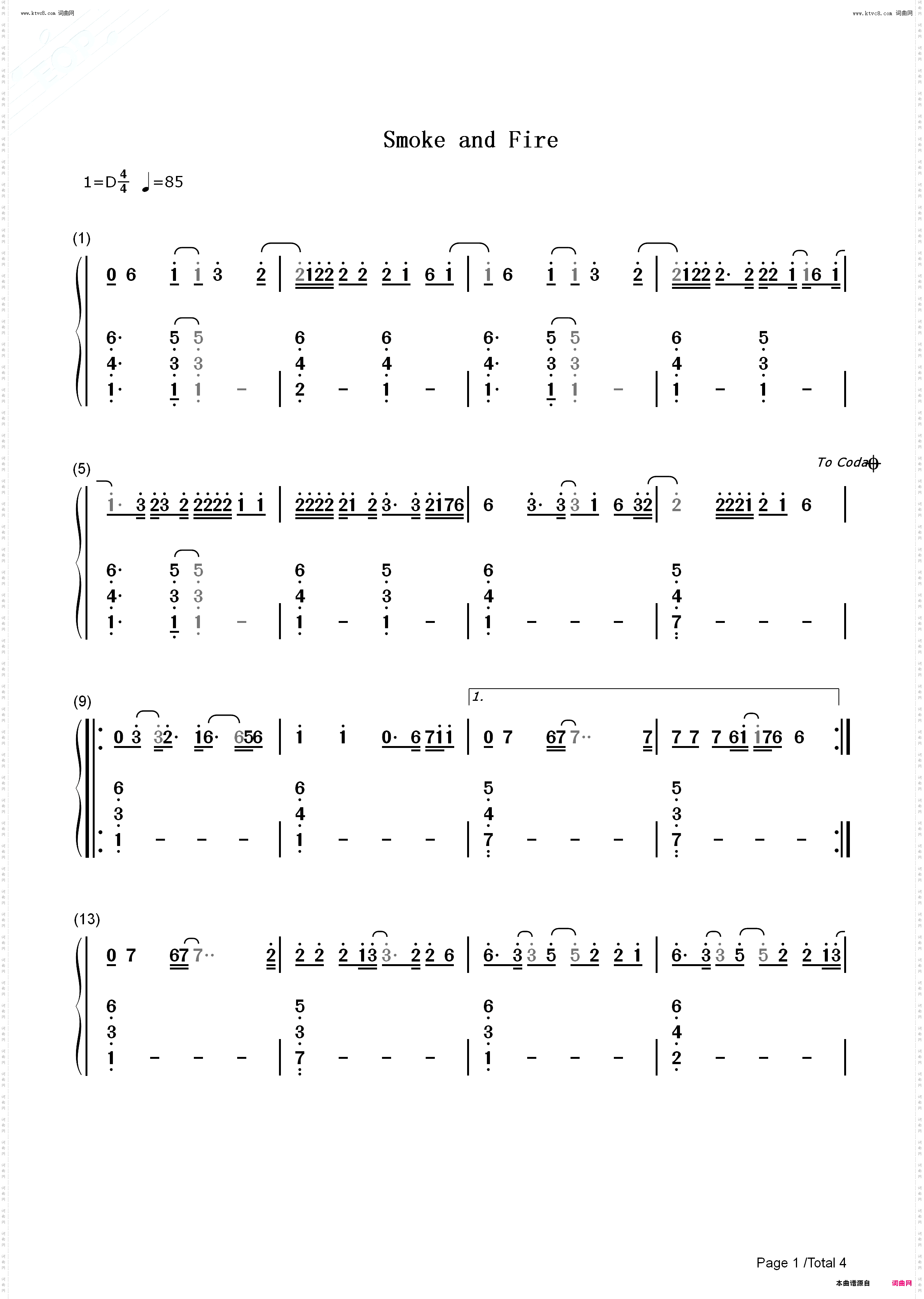 Smoke and Fire_钢琴五线谱及简谱