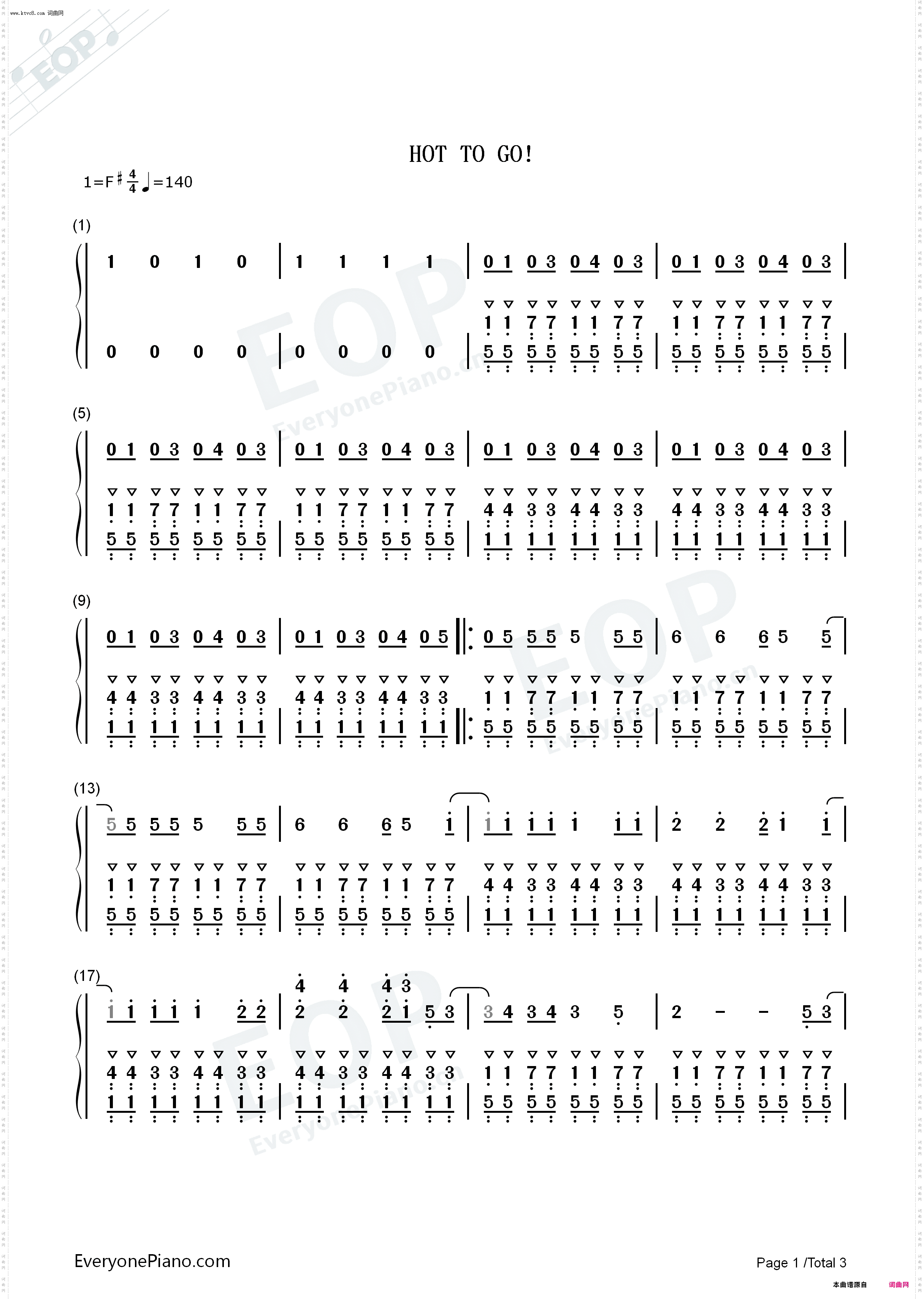 HOT TO GO_钢琴五线谱及简谱