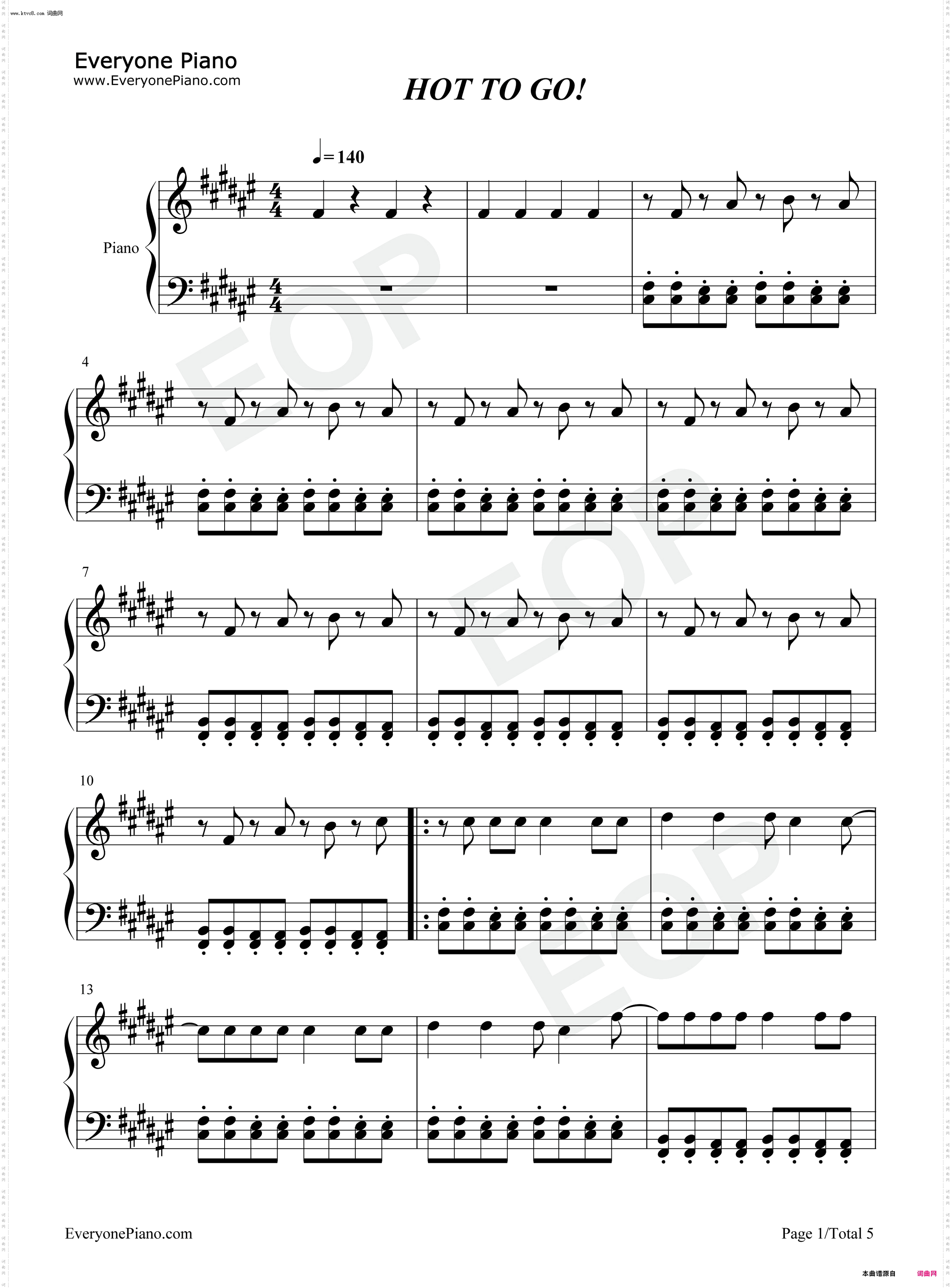 HOT TO GO_钢琴五线谱及简谱