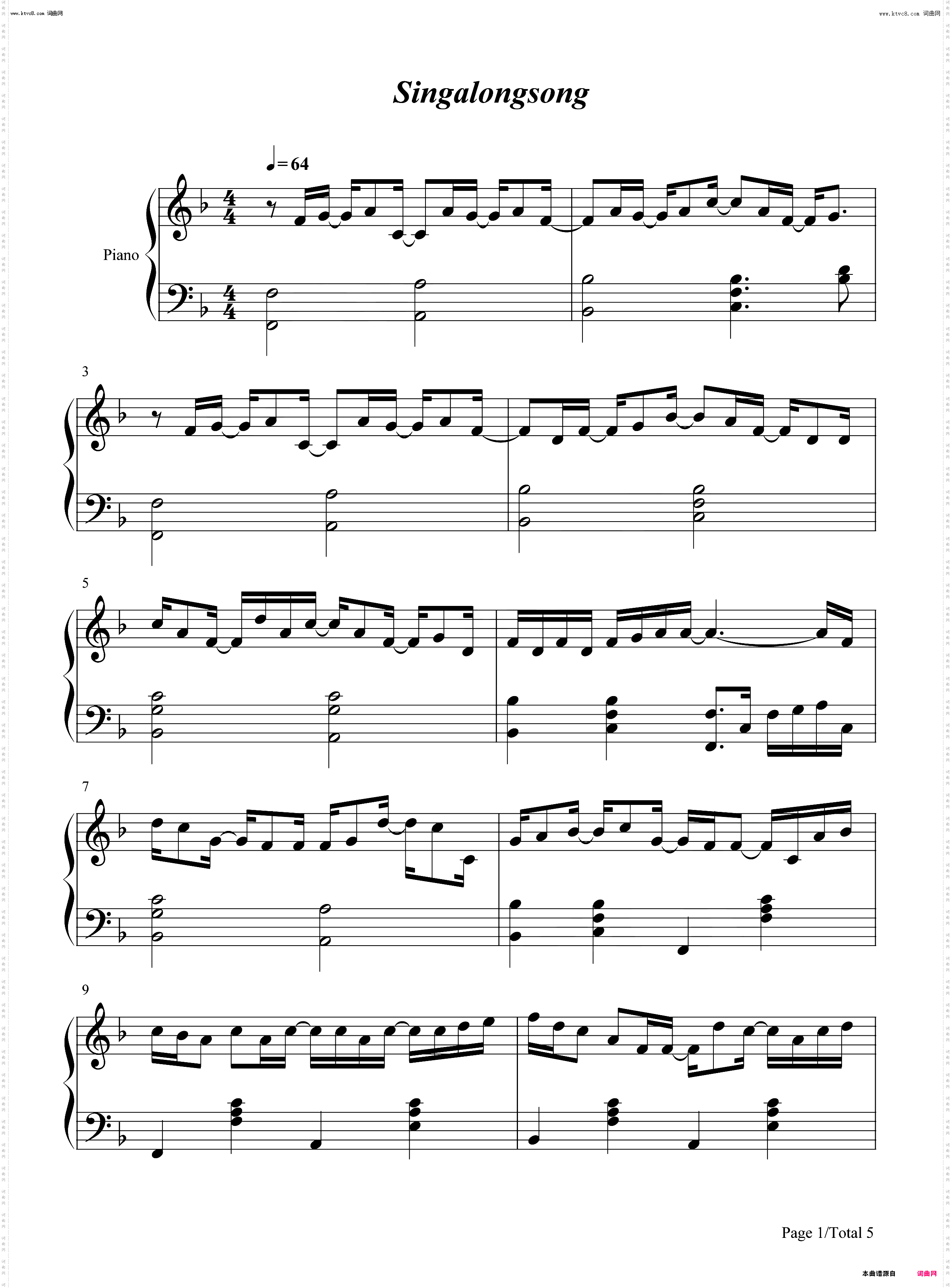 Sing a long song_钢琴五线谱及简谱