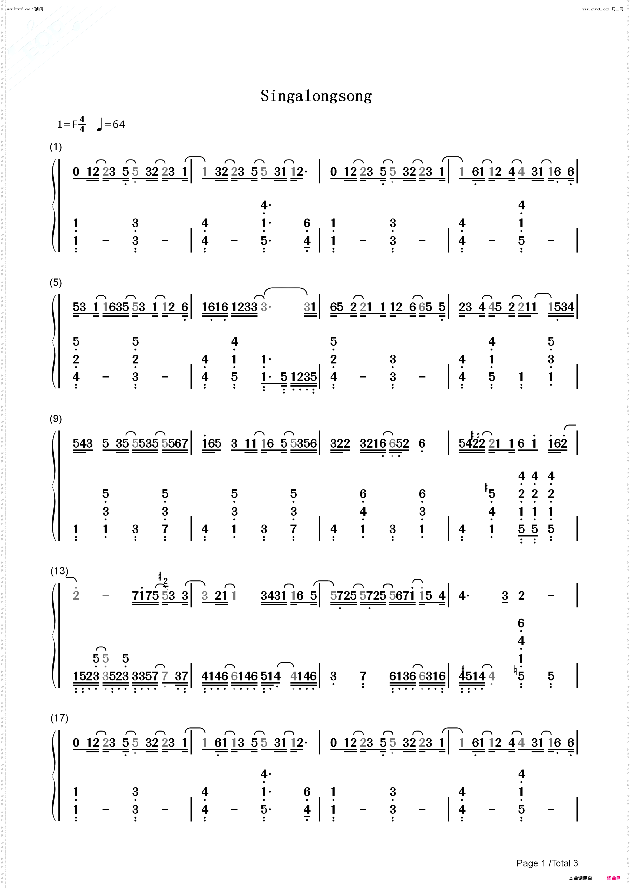 Sing a long song_钢琴五线谱及简谱