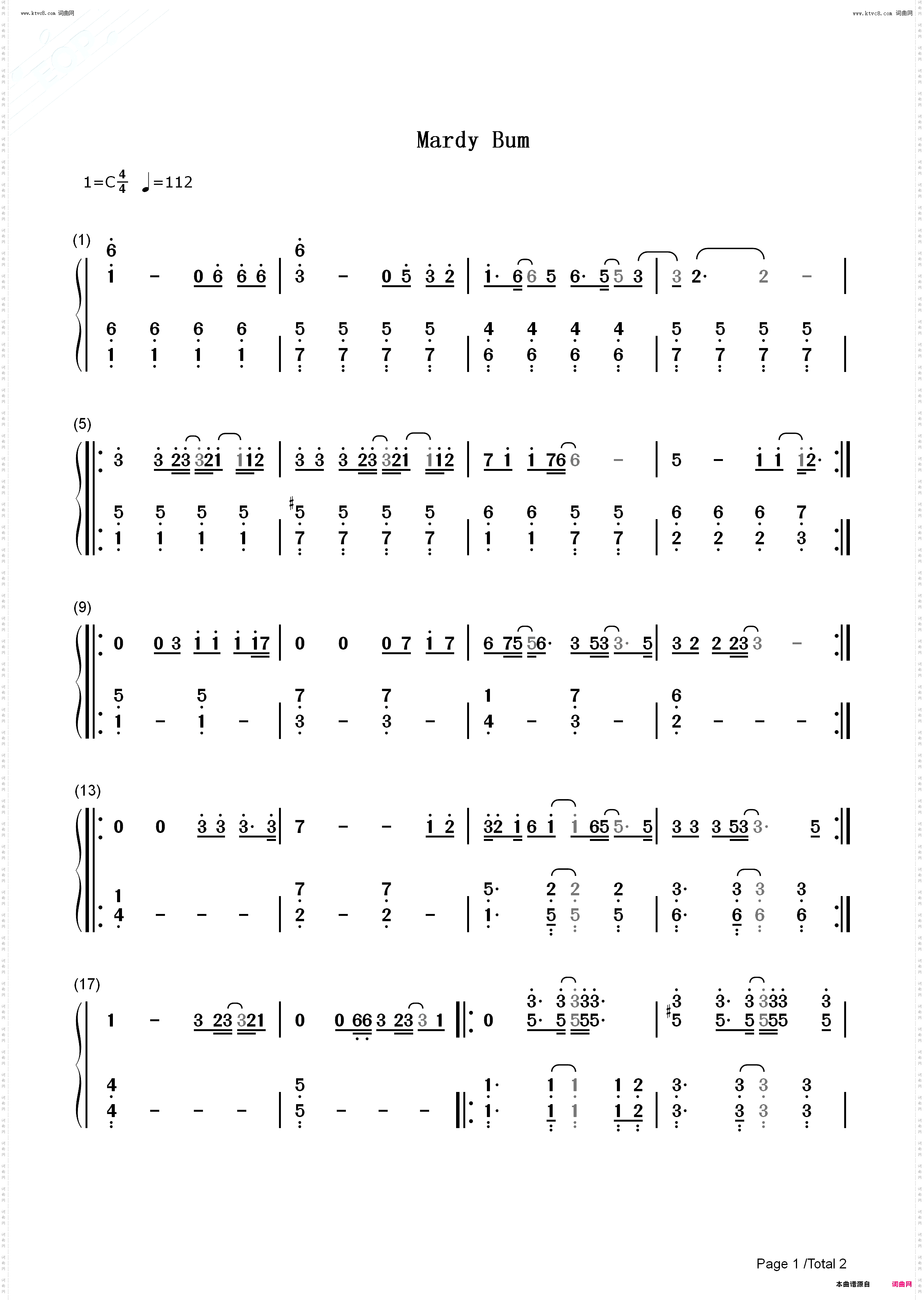 Mardy Bum_钢琴五线谱及简谱