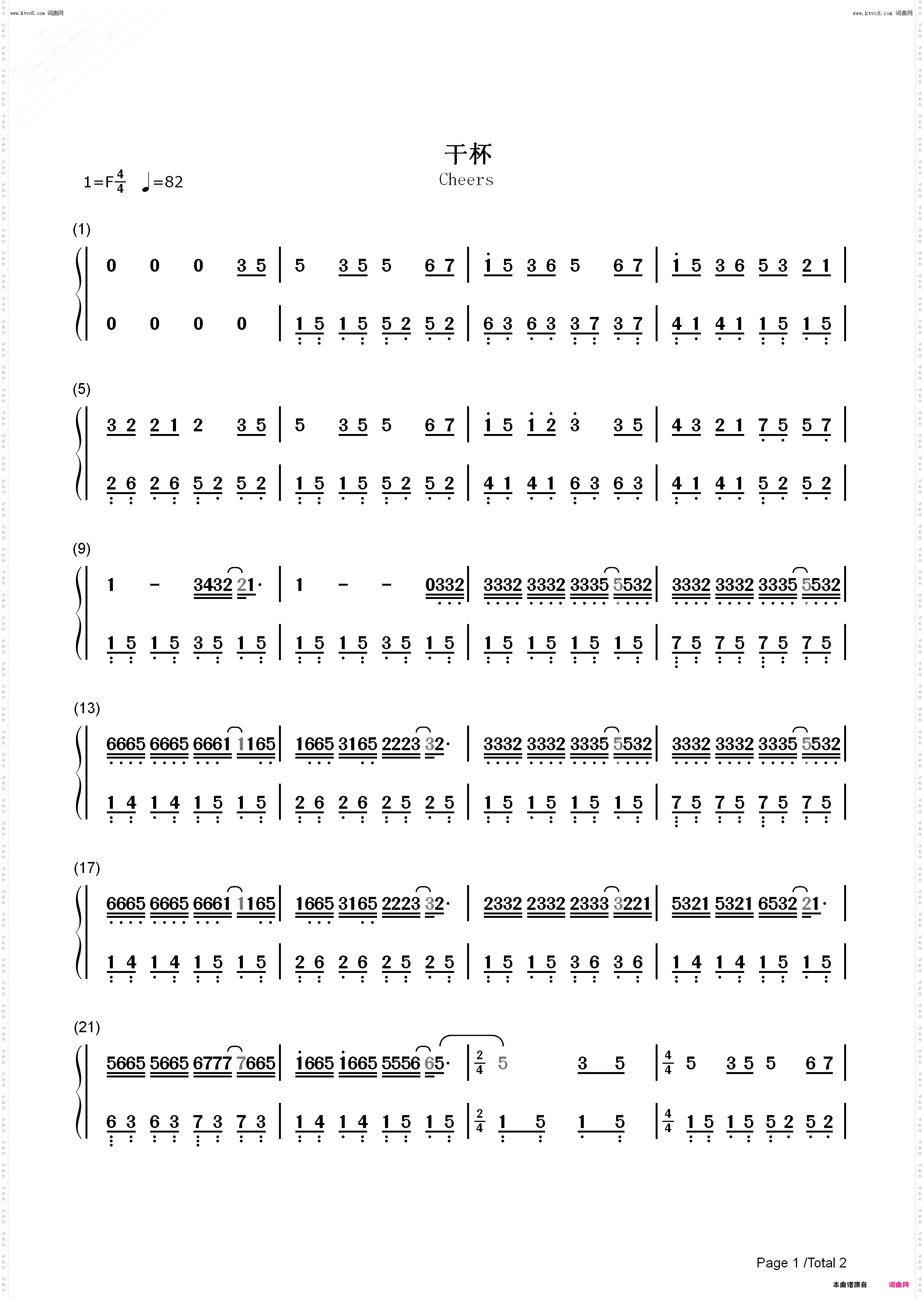 干杯_简单版钢琴五线谱及简谱