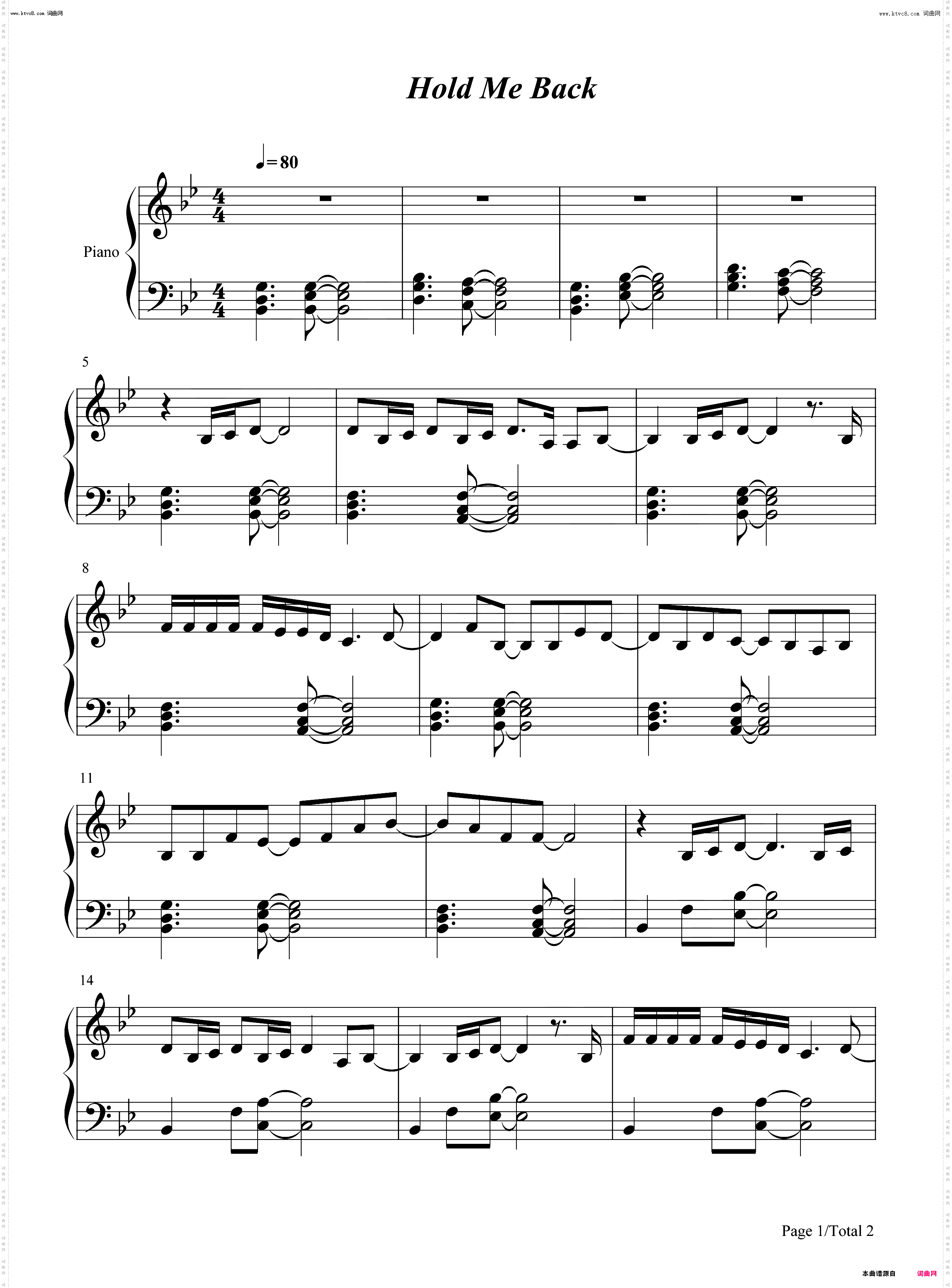 Hold Me Back_泪之女王OST钢琴五线谱及简谱
