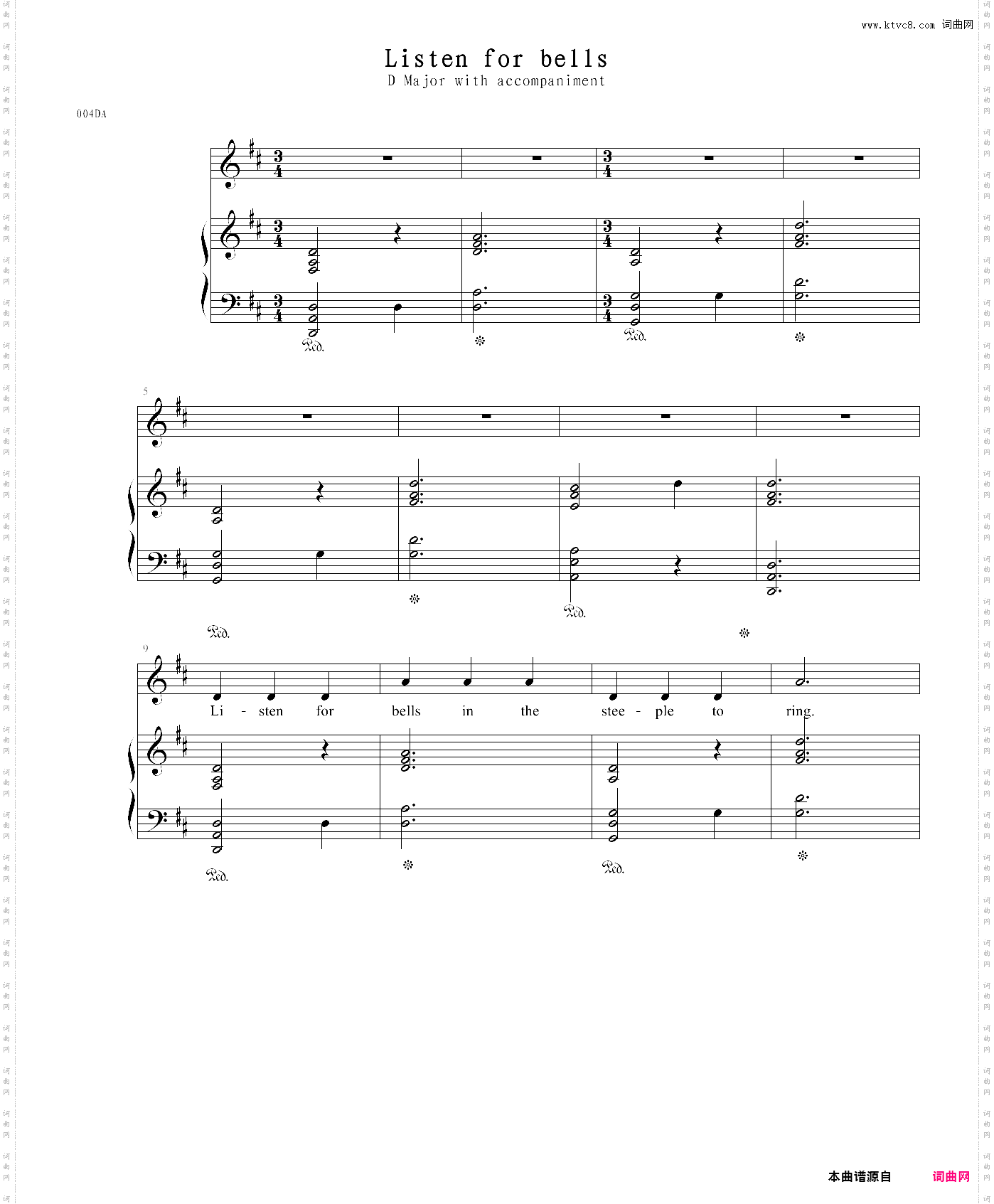 004da listen for bells -d调伴奏版 - 少儿钢琴入门练习