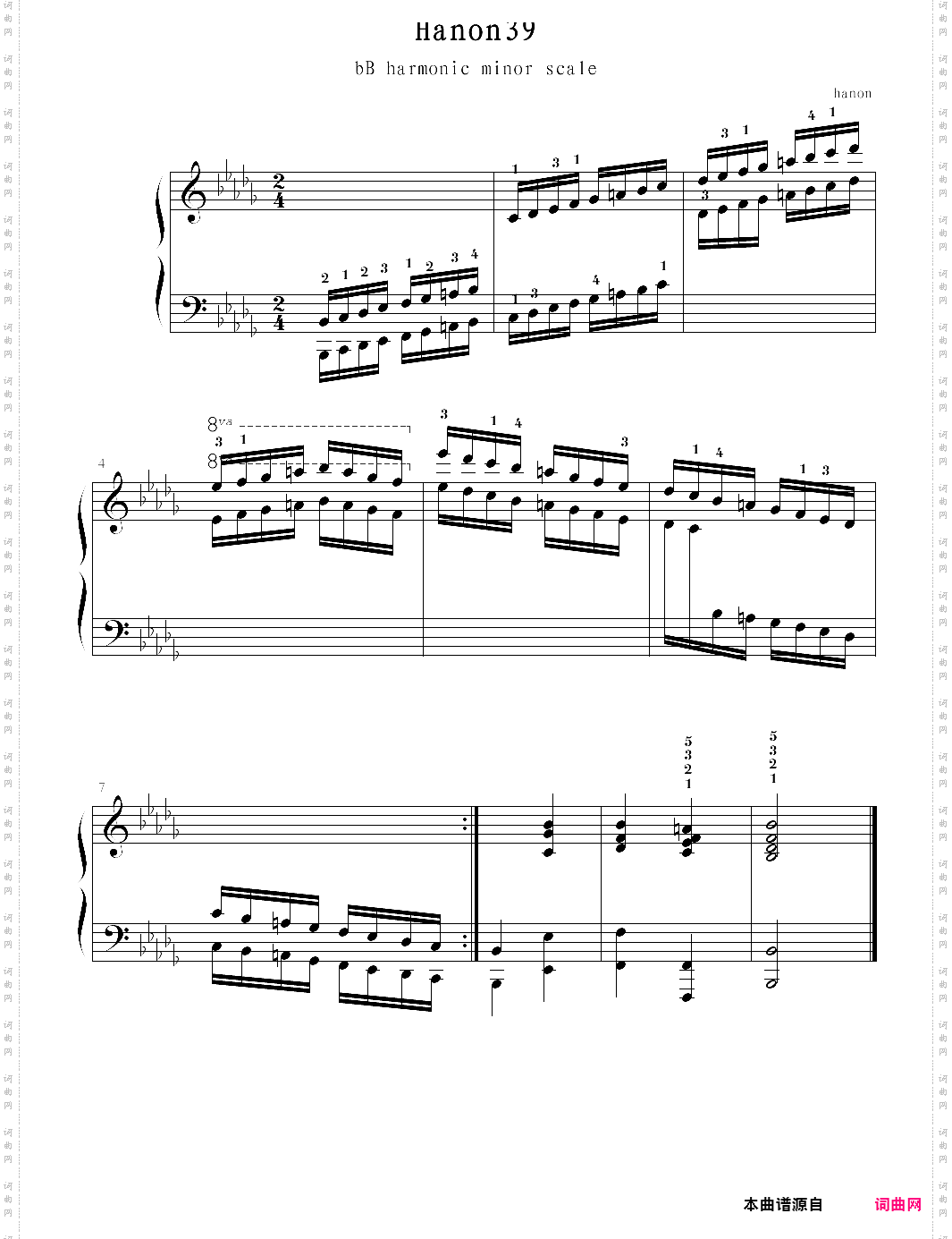 hanon39:bb harmonic minor scale