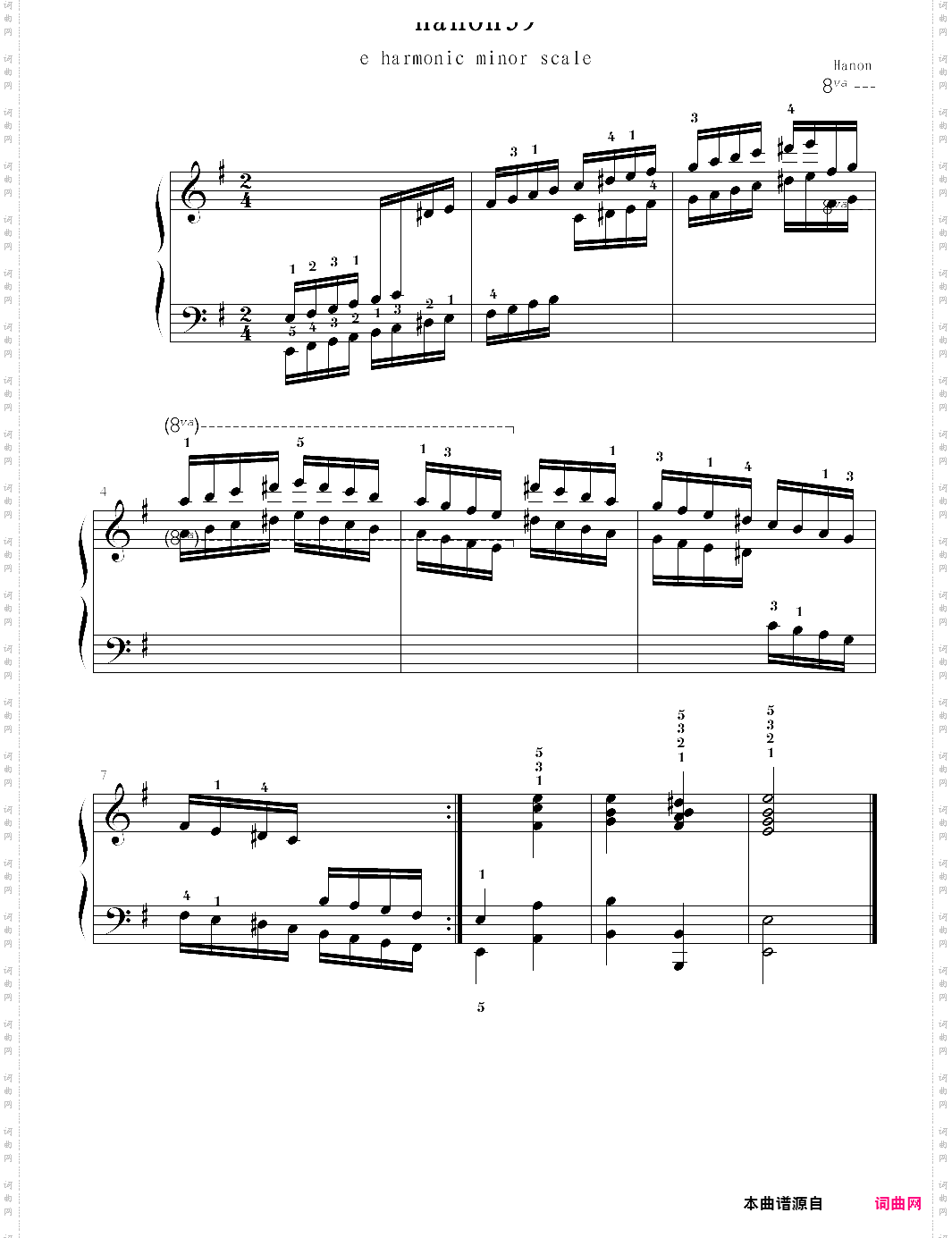 hanon39:e harmonic minor scale