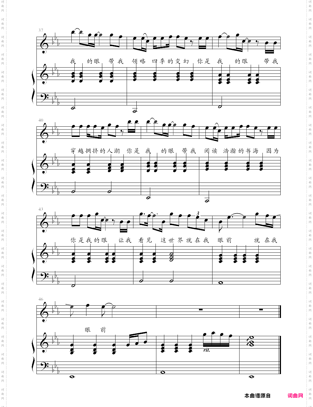 你是我的眼弹唱伴奏谱，女声调