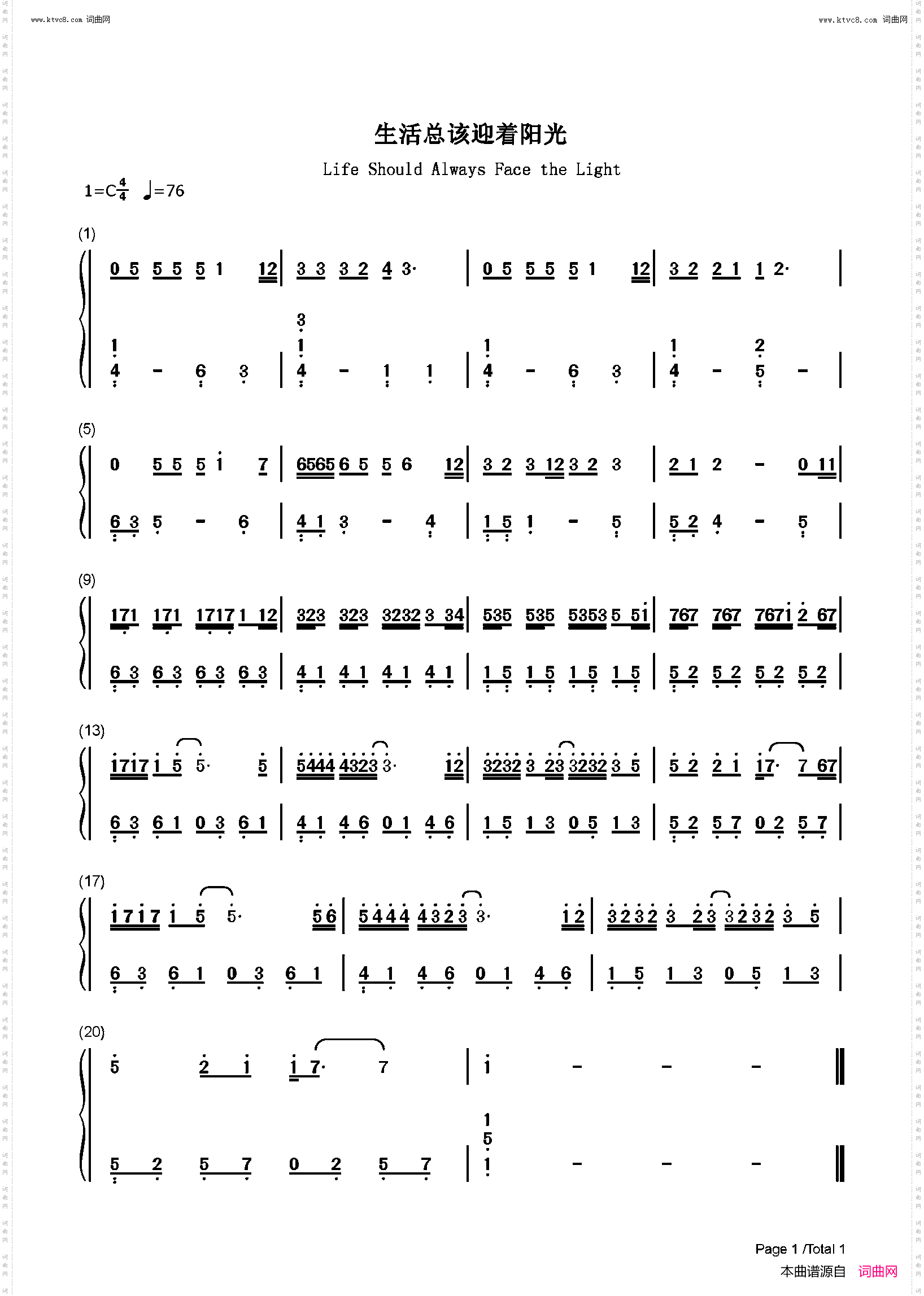 生活总该迎着光亮_C调简单版 乔家的儿女主题曲