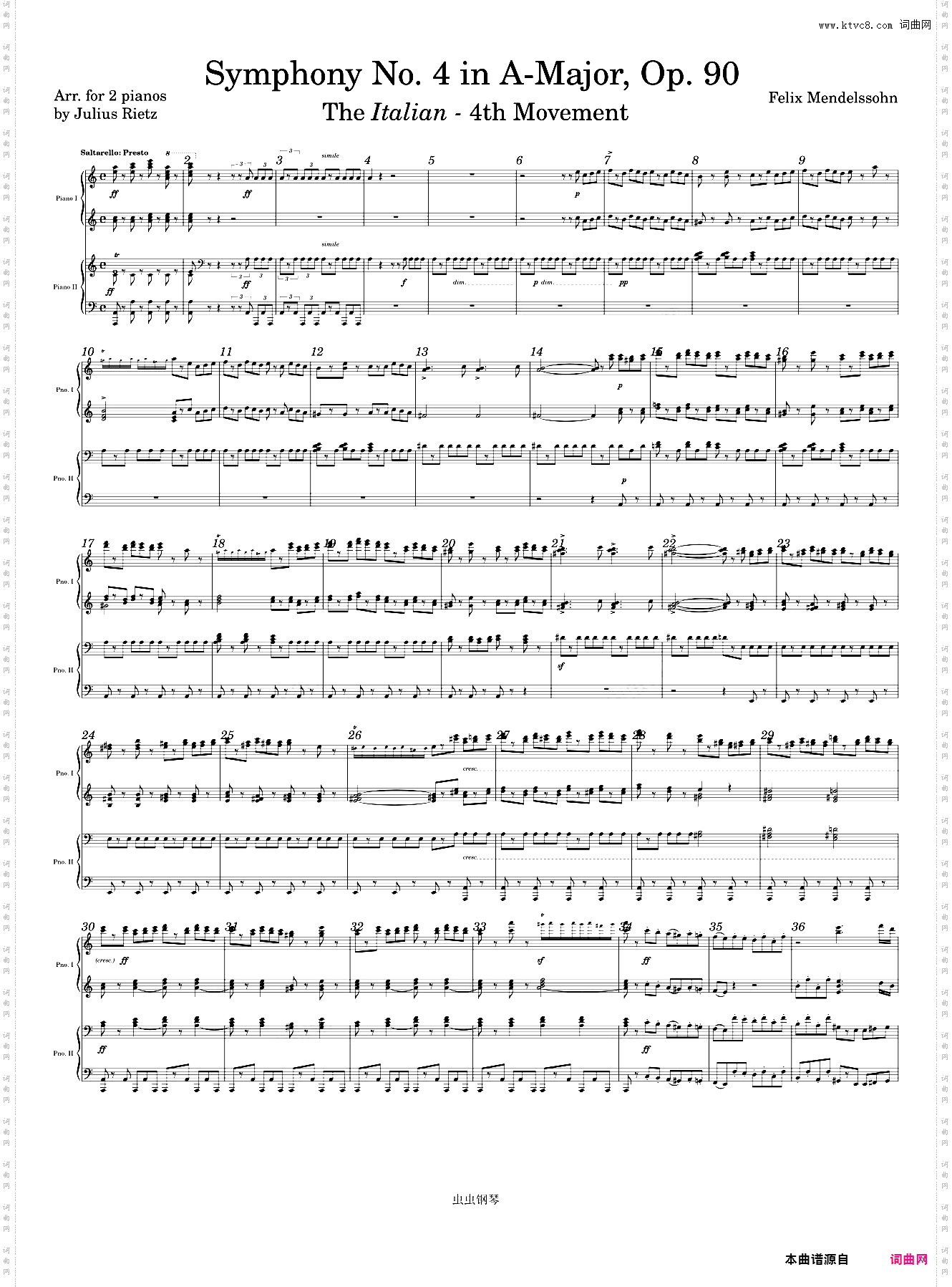 Mendelssohn Symphony No· 4, Italian, 4th Mvmt, Arr· for 2 Pianos