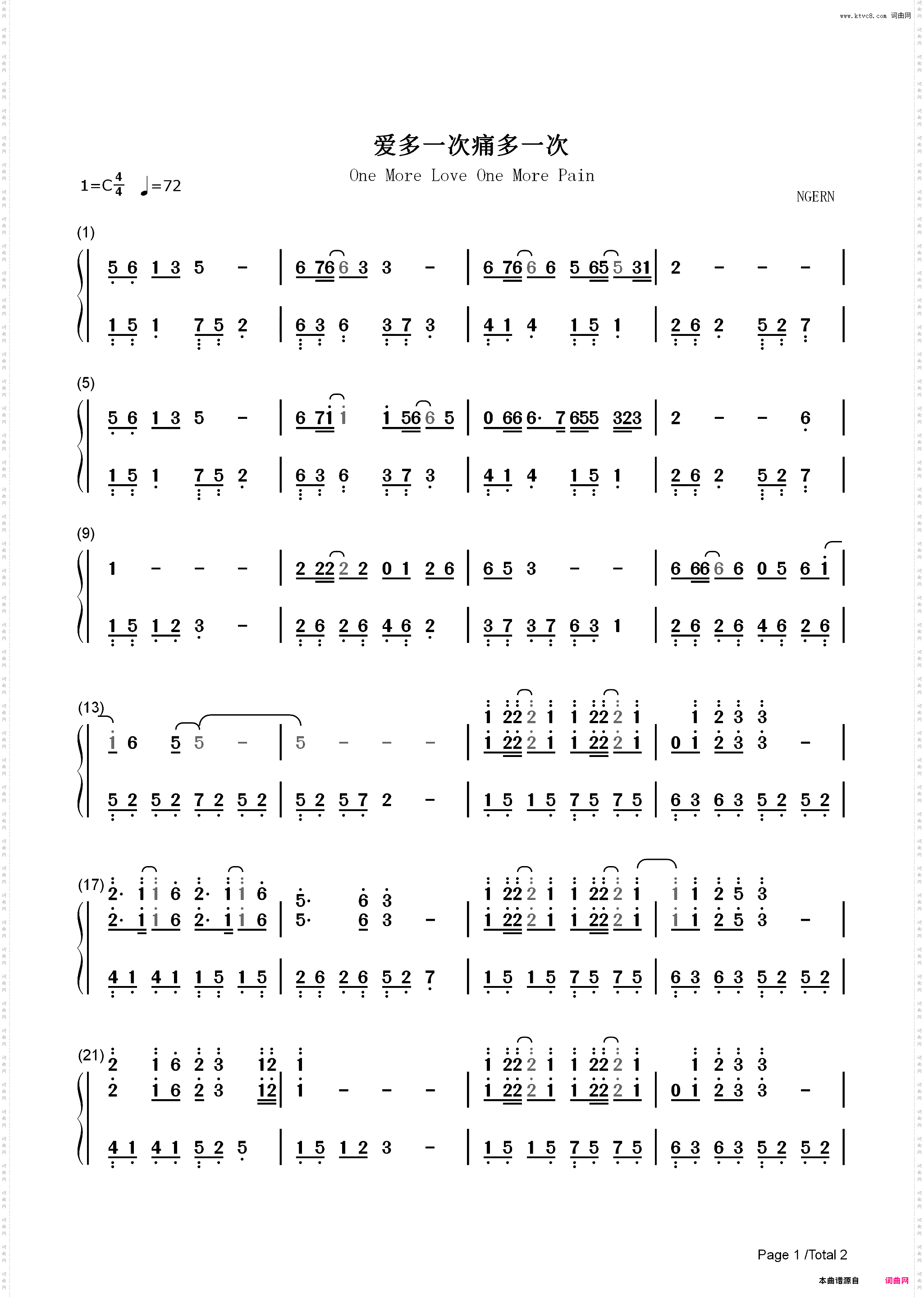 爱多一次痛多一次-C调简单版-马场大亨插曲
