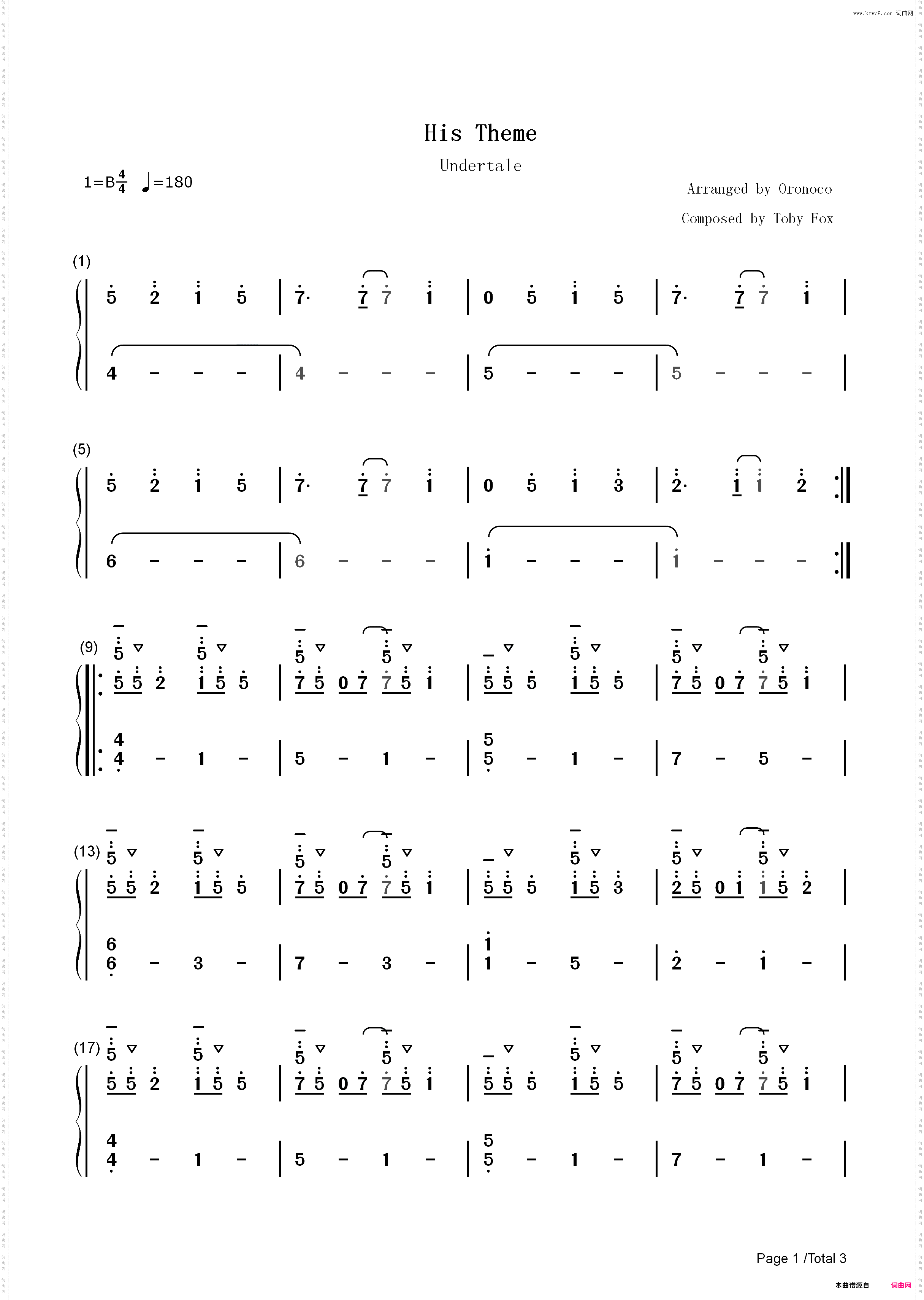 His Theme-Undertale背景音乐_简谱版