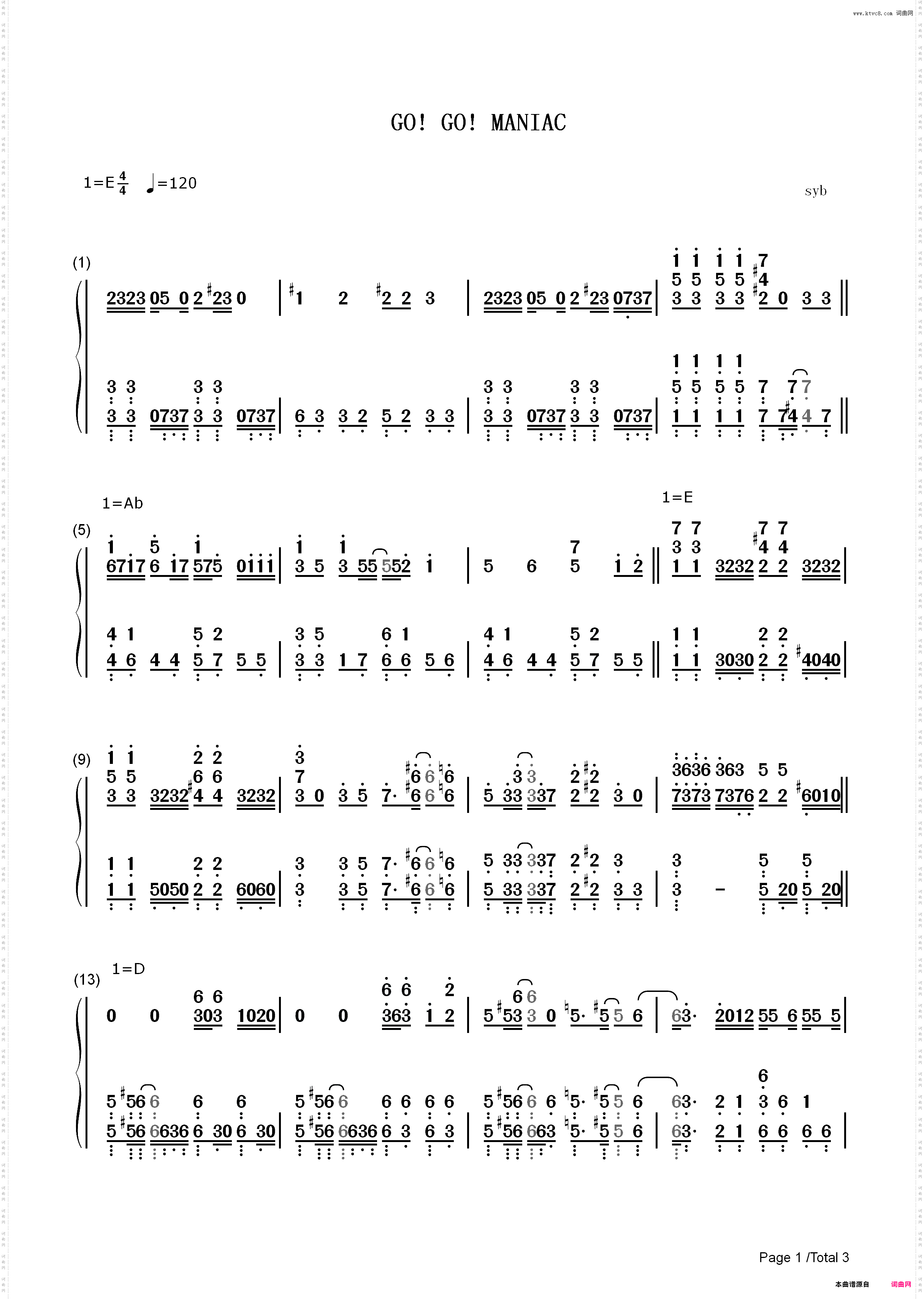 GO! GO! MANIAC-轻音少女第二季OP_简谱版