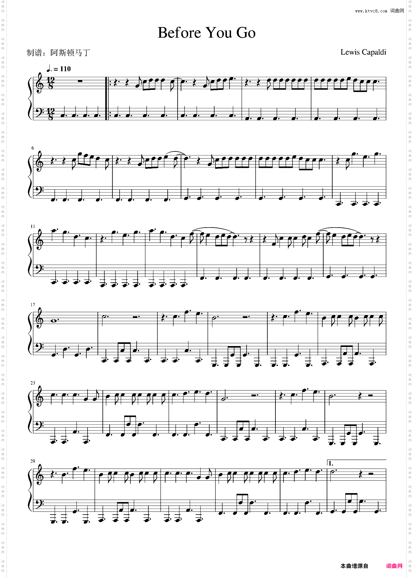 Before You Go钢琴谱-Lewis Capaldi